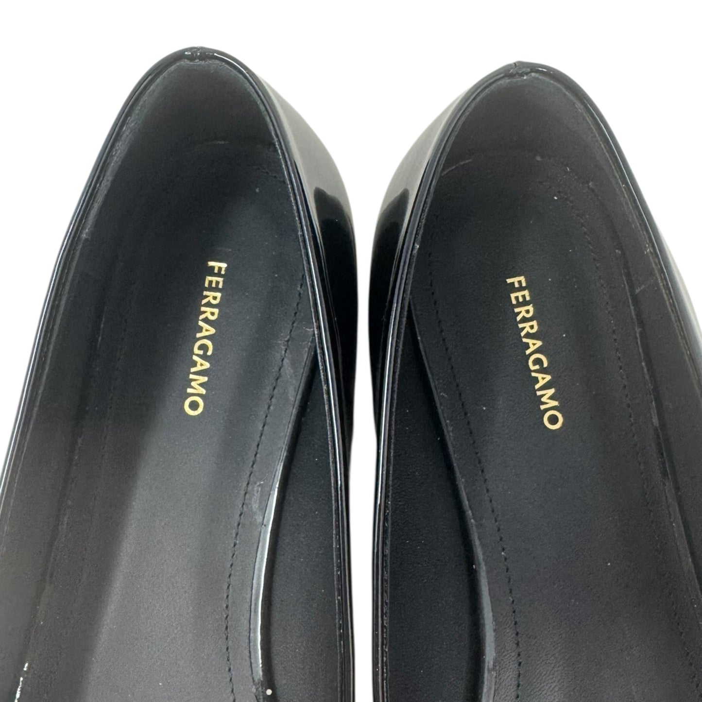 Annie Patent Flats Shoes Luxury Designer By Ferragamo In Black, Size: 8.5