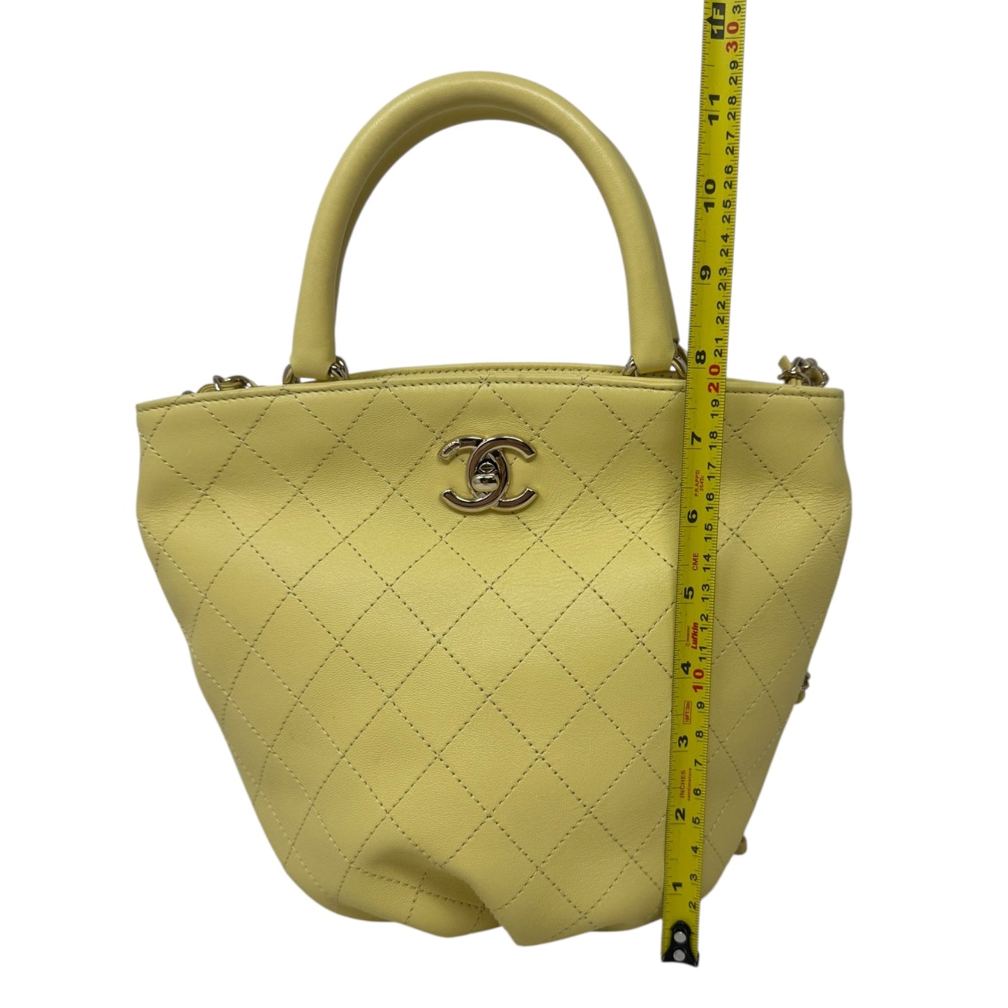 Limited Edition CC Lock Chain Handle Bucket Tote In Light Yellow Soft Quilted Lambskin Luxury Designer By Chanel, Size: Medium