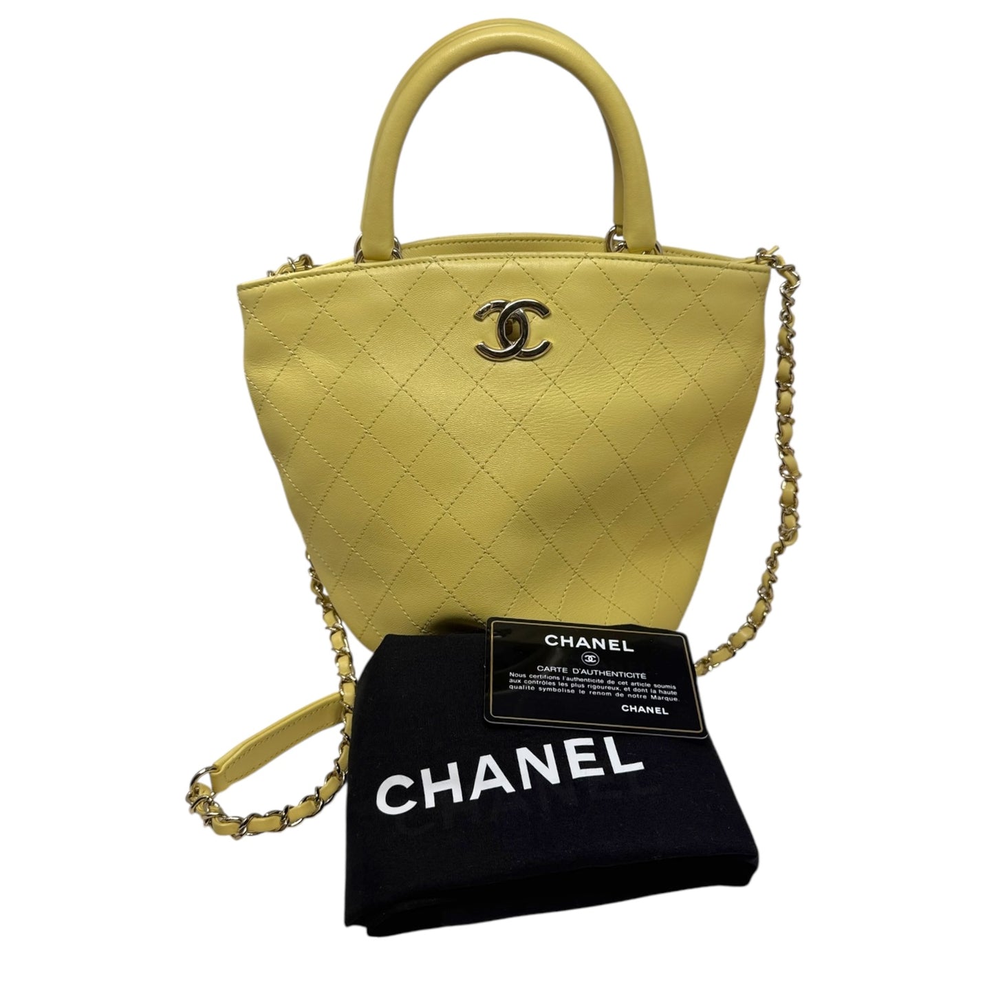 Limited Edition CC Lock Chain Handle Bucket Tote In Light Yellow Soft Quilted Lambskin Luxury Designer By Chanel, Size: Medium