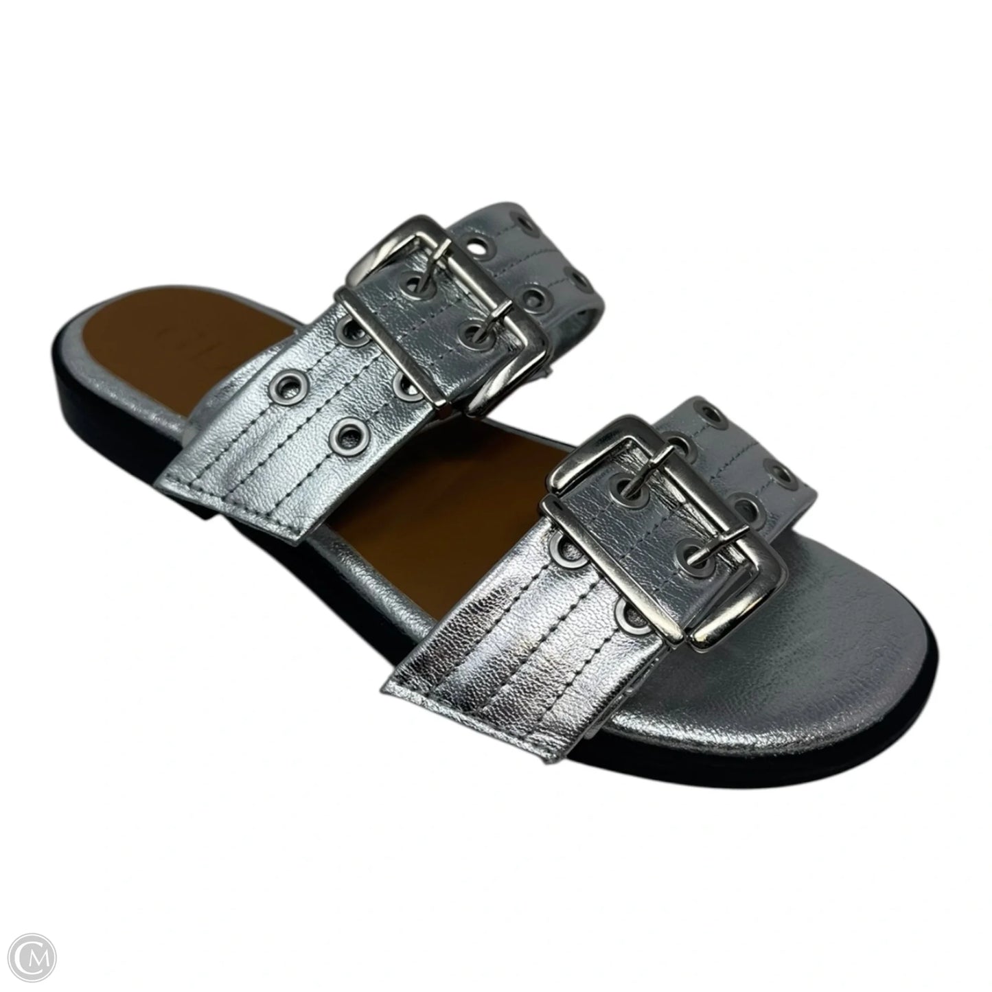 Metallic Buckle Sandals Flats By Giasone In Silver, Size: 6.5