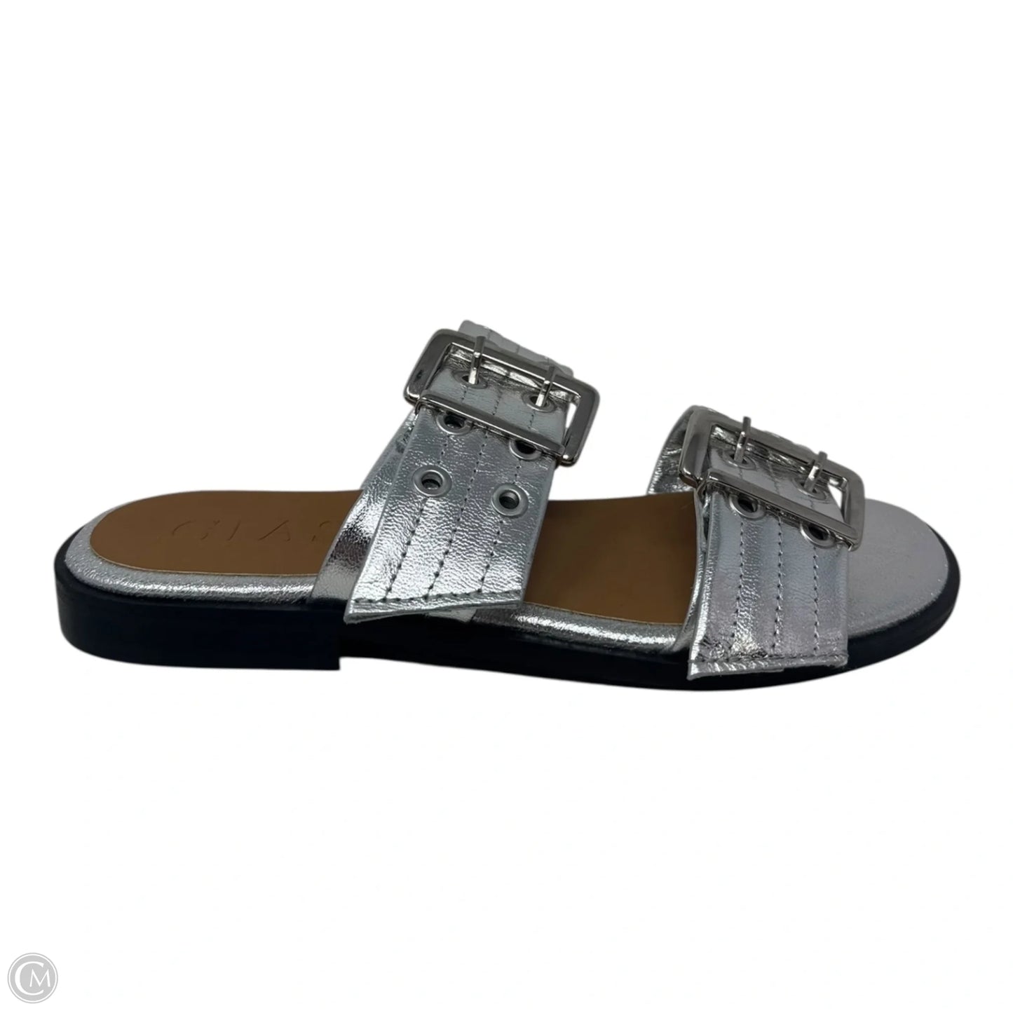 Metallic Buckle Sandals Flats By Giasone In Silver, Size: 6.5