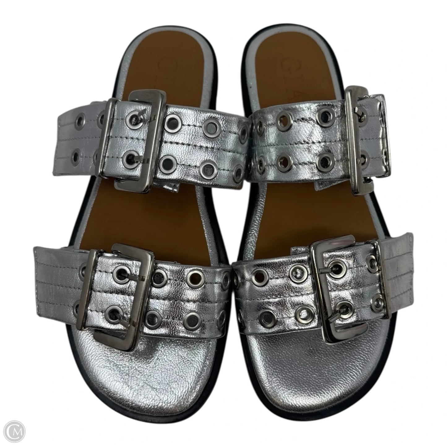 Metallic Buckle Sandals Flats By Giasone In Silver, Size: 6.5