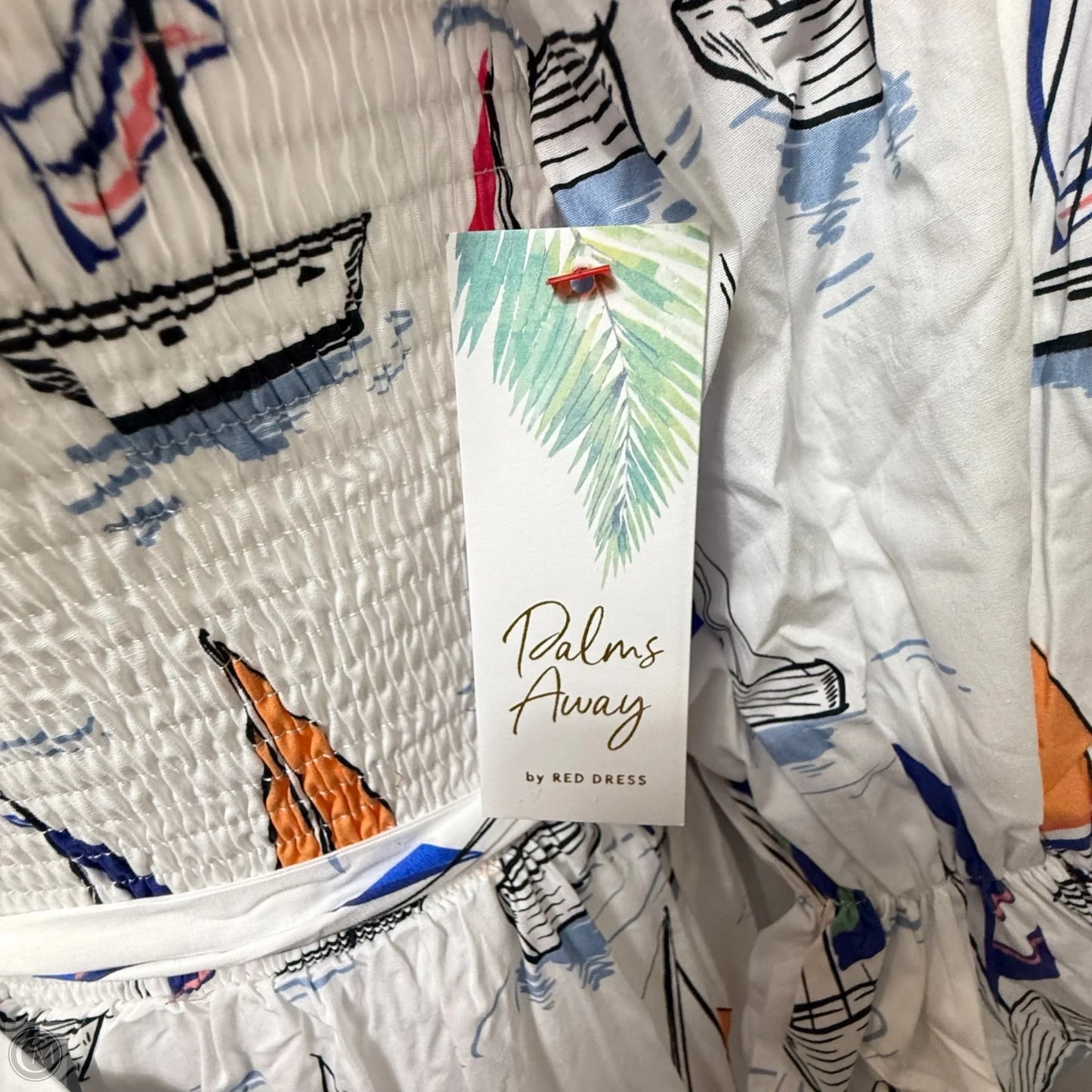 Smocked Puff Sleeve Belted Midi Dress By Palms Away In Nautical Print, Size: Lp