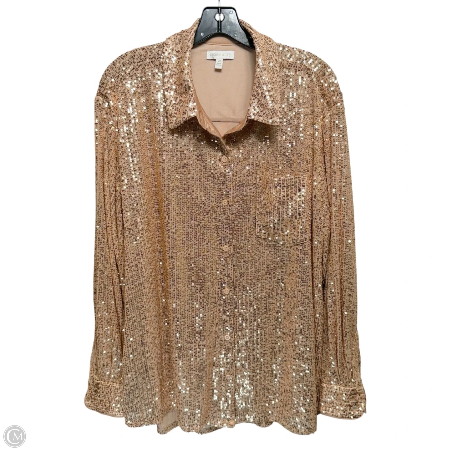 Sequin Button Down Shirt Long Sleeve By Crown And Ivy In Rose Gold, Size: 2x