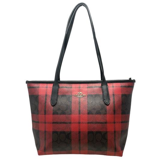 Zip Top Tote in Field Plaid Print Designer By Coach  Size: Large