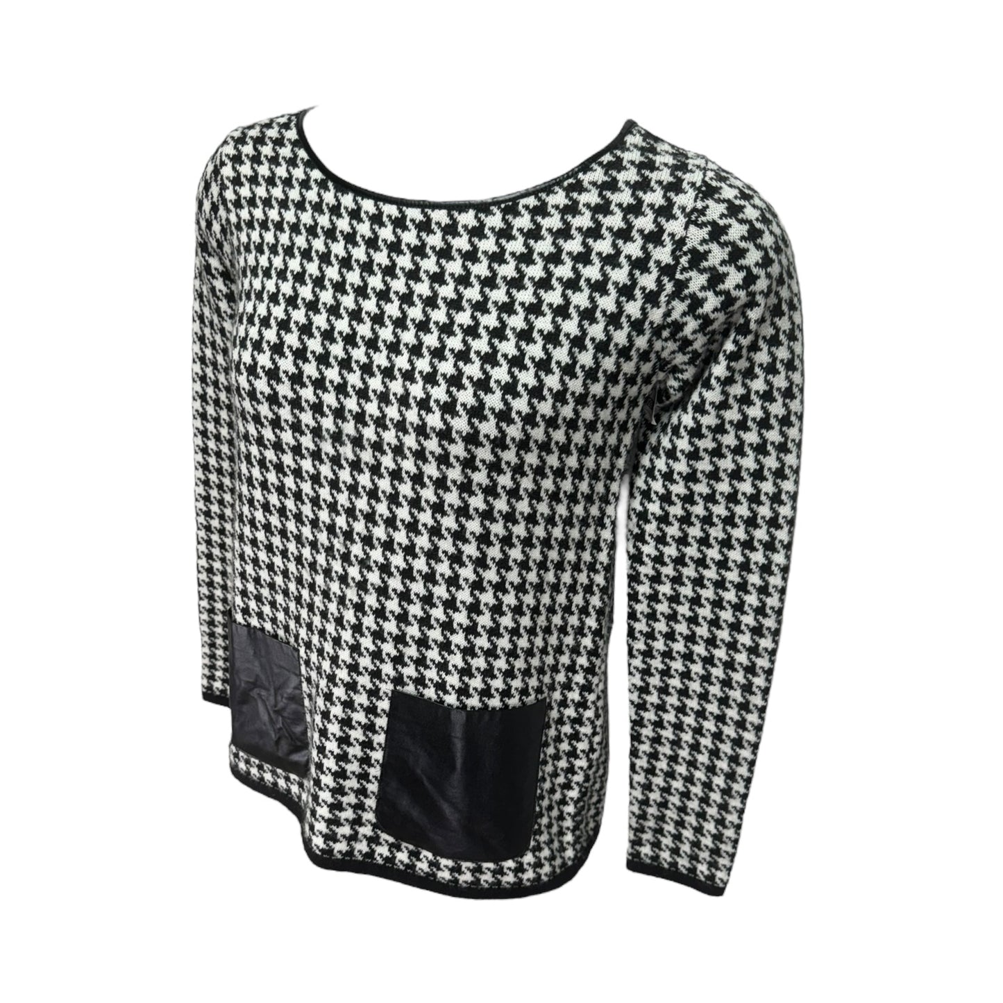 Faux Leather Trim Herringbone Sweater By Blue In Black & White, Size: 8