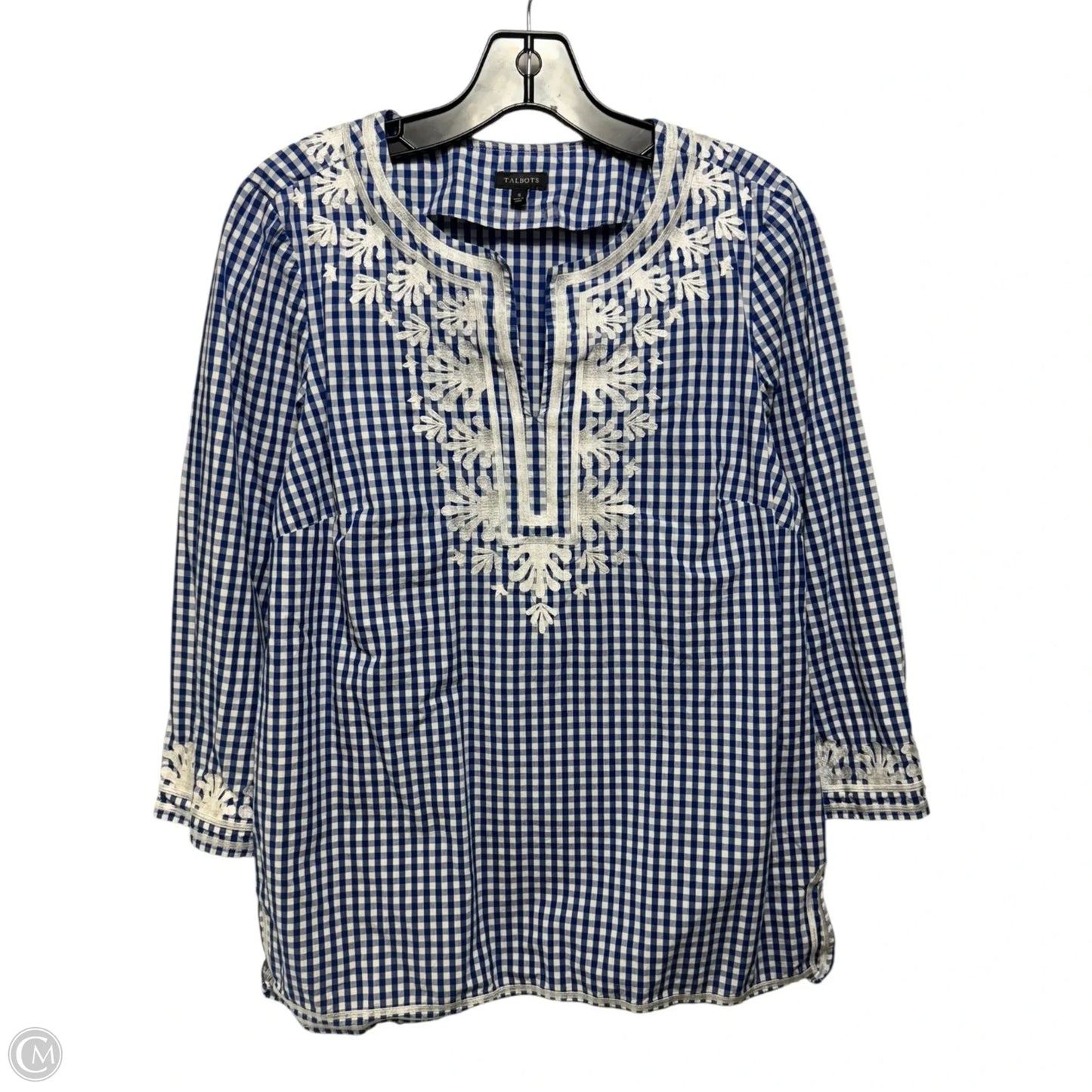 Embroidered Gingham Tunic 3/4 Sleeve By Talbots In Checkered Pattern, Size: S