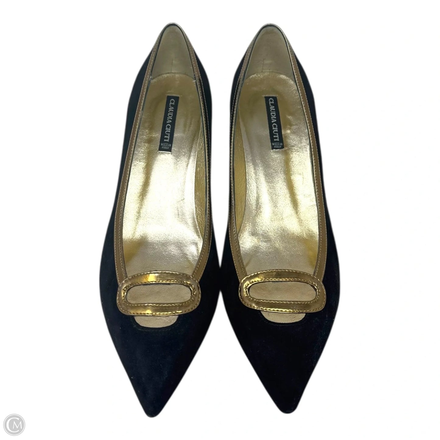 Vintage Gold Trim Suede Heels Shoes Heels Stiletto By Claudia Ciuti In Black & Gold, Size: 9.5