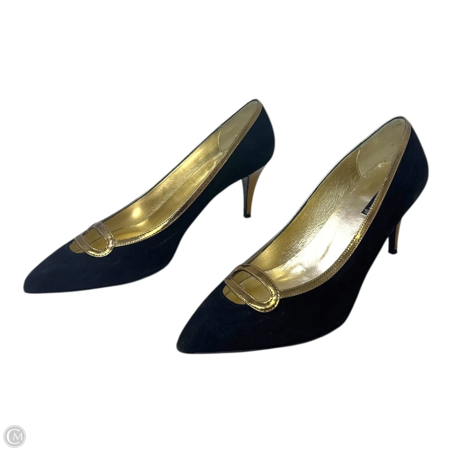 Vintage Gold Trim Suede Heels Shoes Heels Stiletto By Claudia Ciuti In Black & Gold, Size: 9.5
