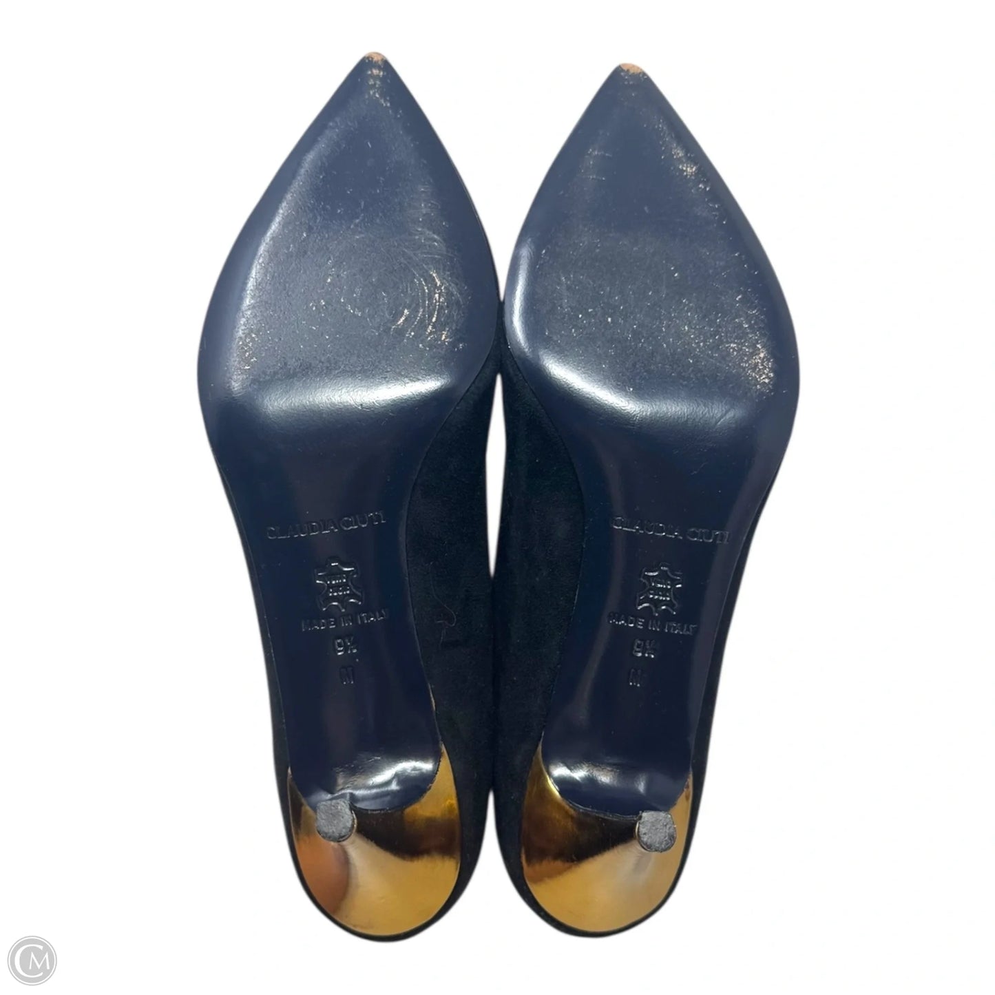 Vintage Gold Trim Suede Heels Shoes Heels Stiletto By Claudia Ciuti In Black & Gold, Size: 9.5