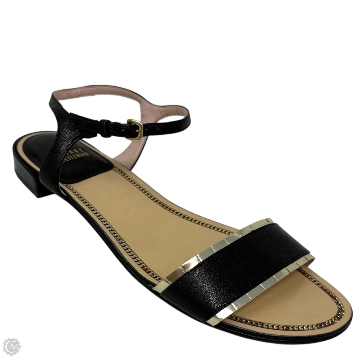 Suede & Gold Leather Trim Flat Ankle Strap Sandals Designer By Stuart Weitzman In Black & Gold, Size: 10