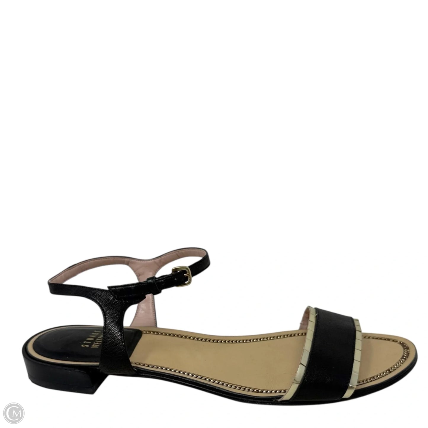Suede & Gold Leather Trim Flat Ankle Strap Sandals Designer By Stuart Weitzman In Black & Gold, Size: 10