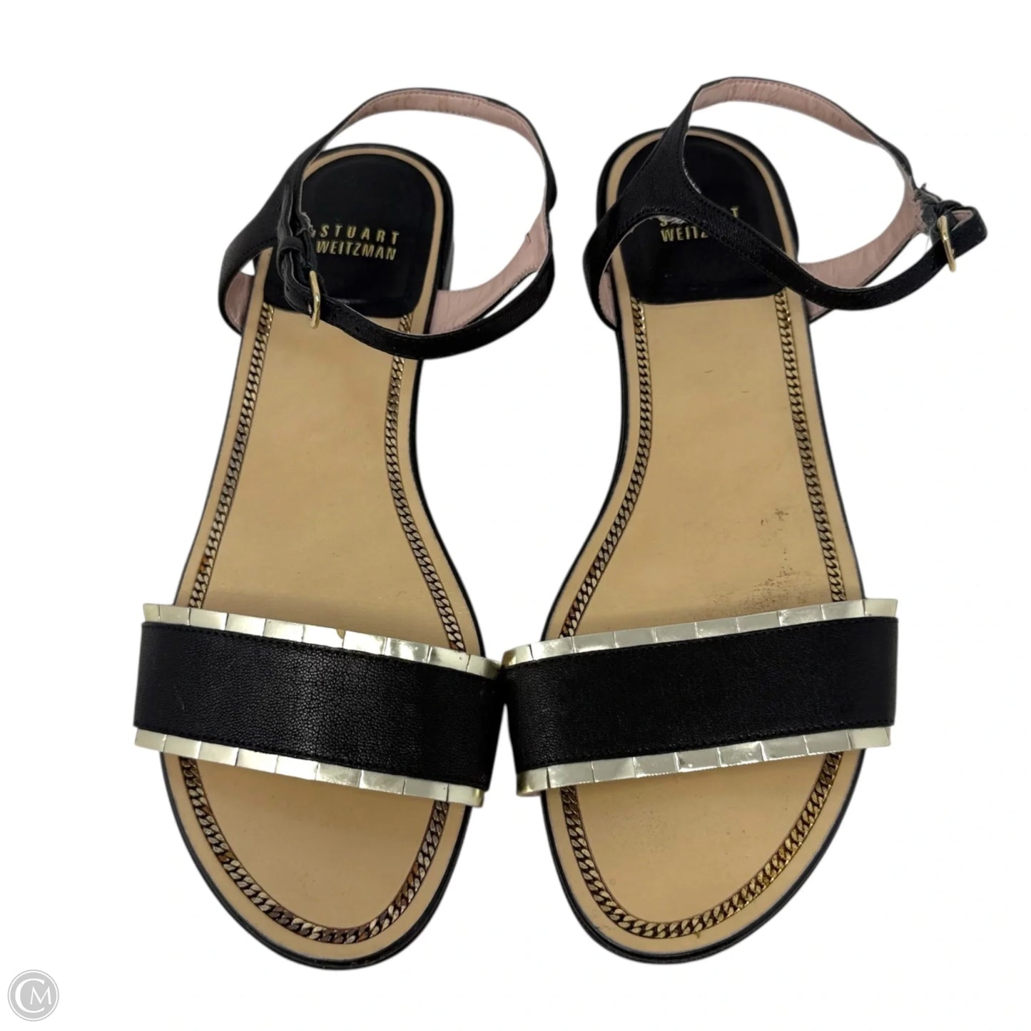 Suede & Gold Leather Trim Flat Ankle Strap Sandals Designer By Stuart Weitzman In Black & Gold, Size: 10