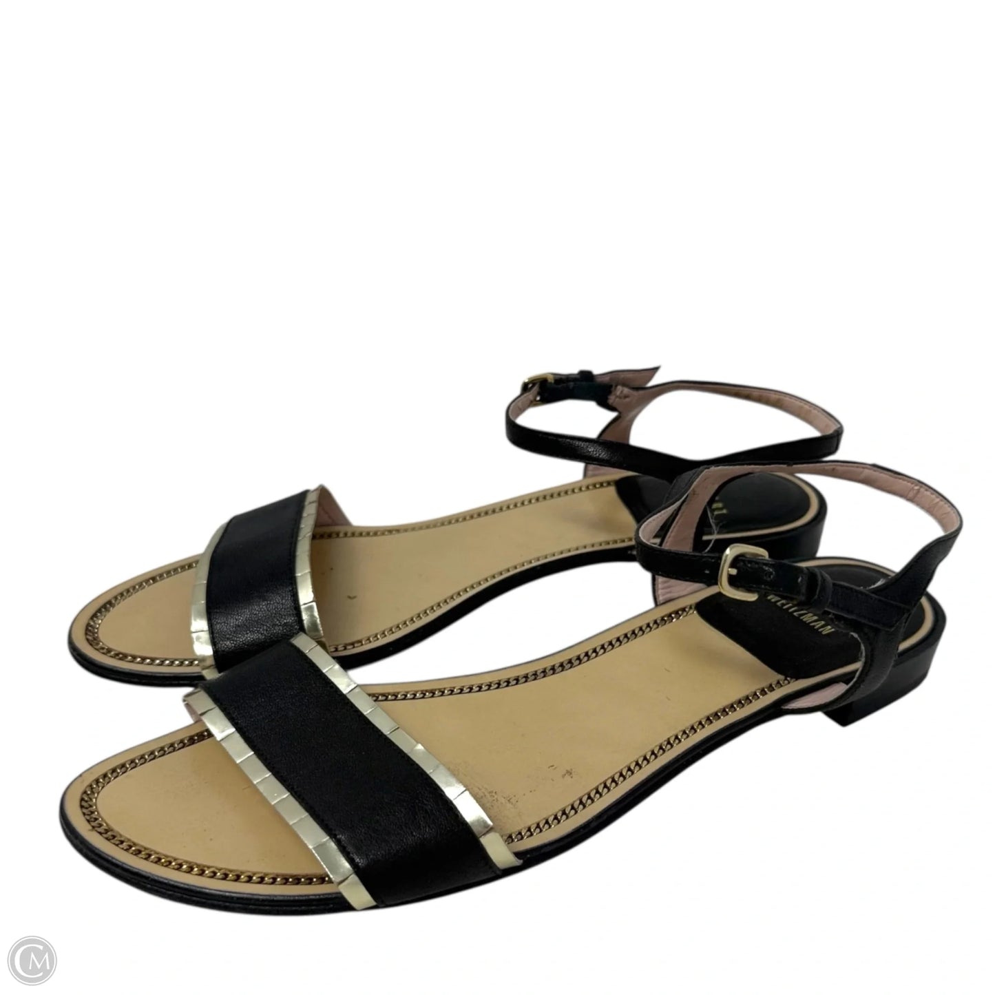 Suede & Gold Leather Trim Flat Ankle Strap Sandals Designer By Stuart Weitzman In Black & Gold, Size: 10