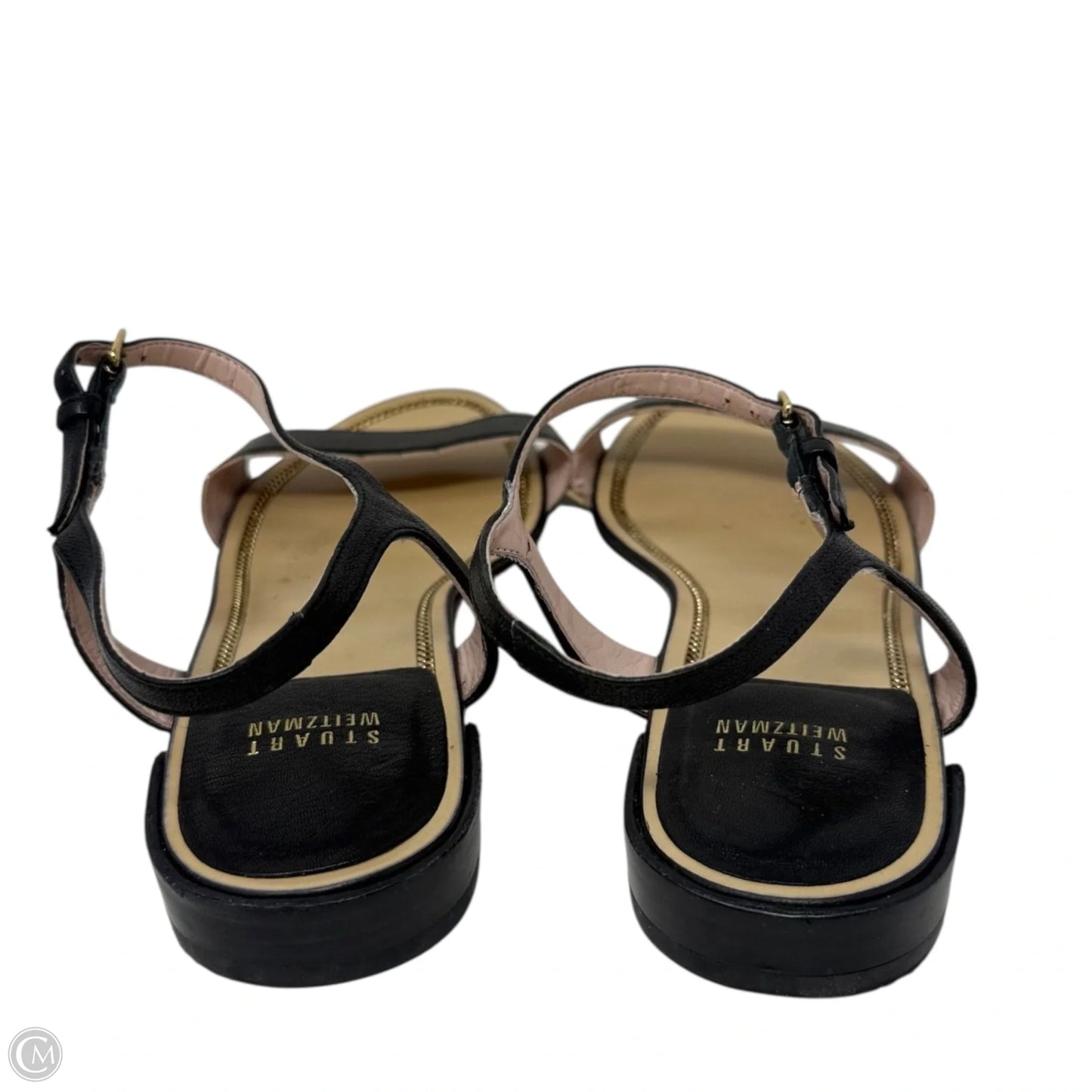Suede & Gold Leather Trim Flat Ankle Strap Sandals Designer By Stuart Weitzman In Black & Gold, Size: 10