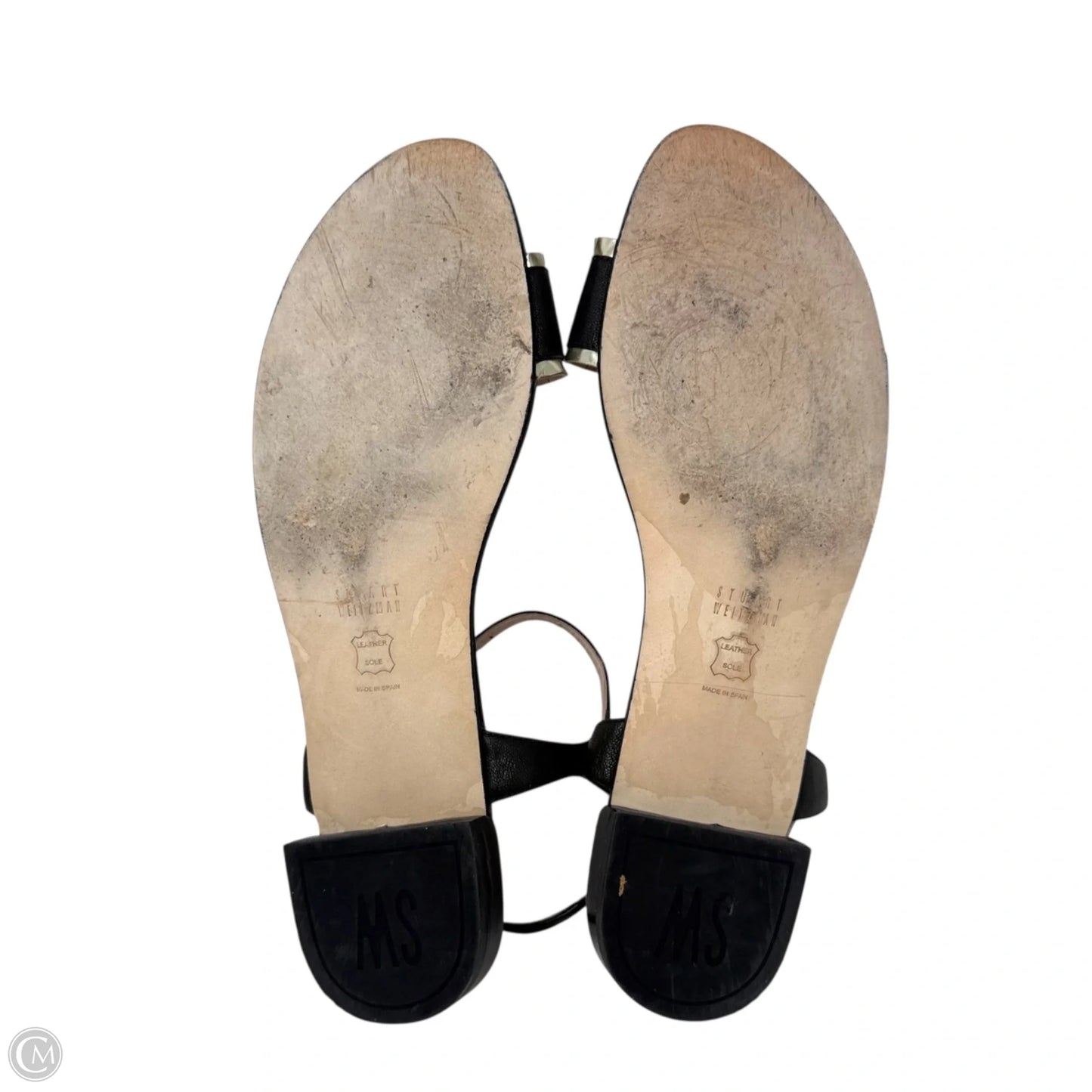Suede & Gold Leather Trim Flat Ankle Strap Sandals Designer By Stuart Weitzman In Black & Gold, Size: 10