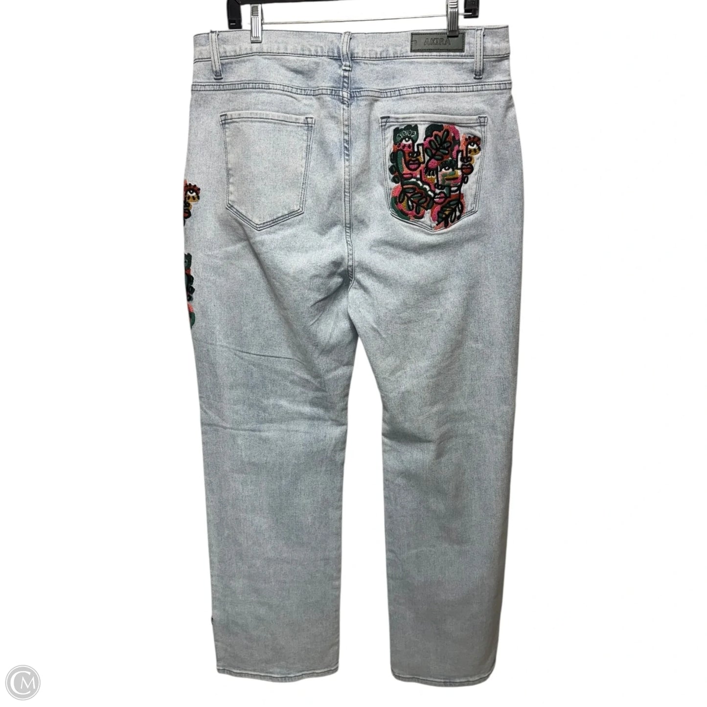 Hidden Faces Embroidery Detailed Straight Leg Jeans By Akira In Blue Denim, Size: 17/32