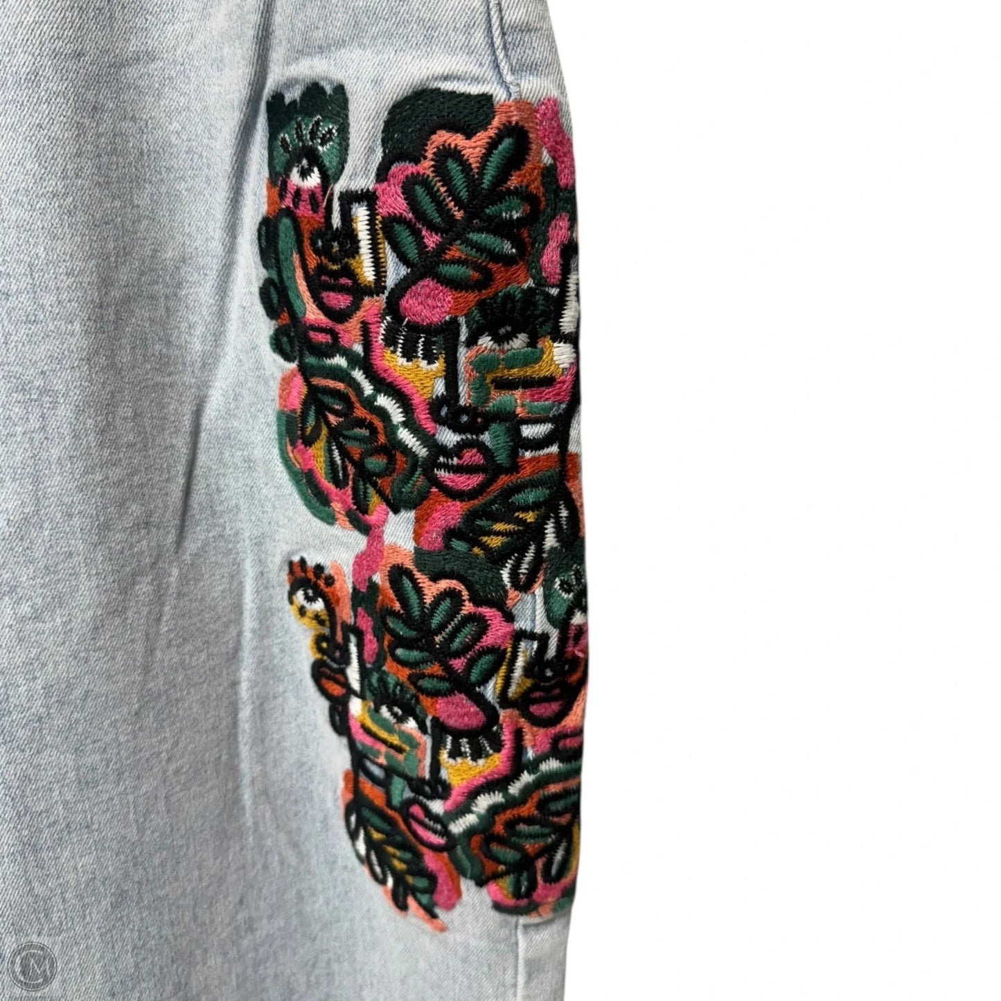 Hidden Faces Embroidery Detailed Straight Leg Jeans By Akira In Blue Denim, Size: 17/32