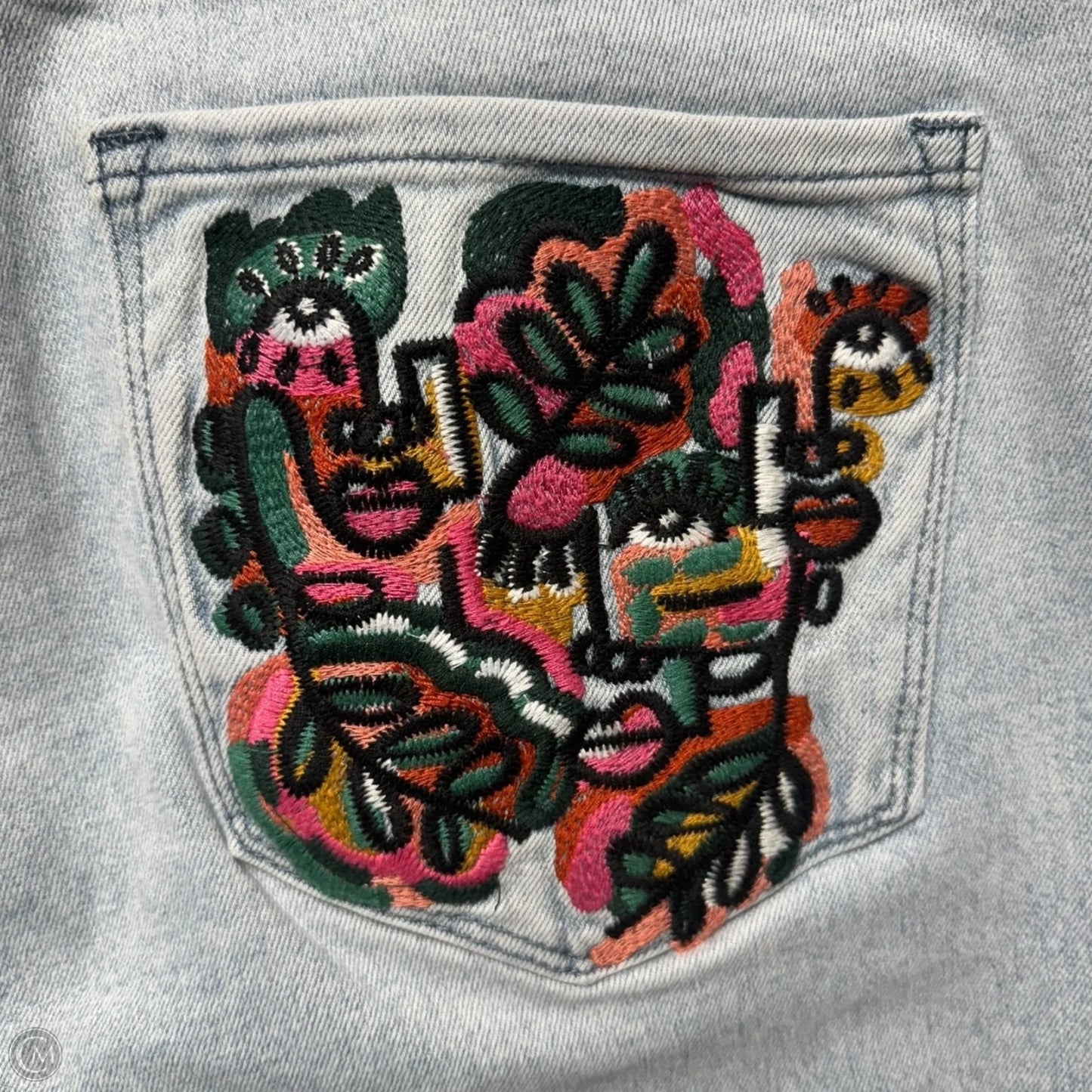 Hidden Faces Embroidery Detailed Straight Leg Jeans By Akira In Blue Denim, Size: 17/32
