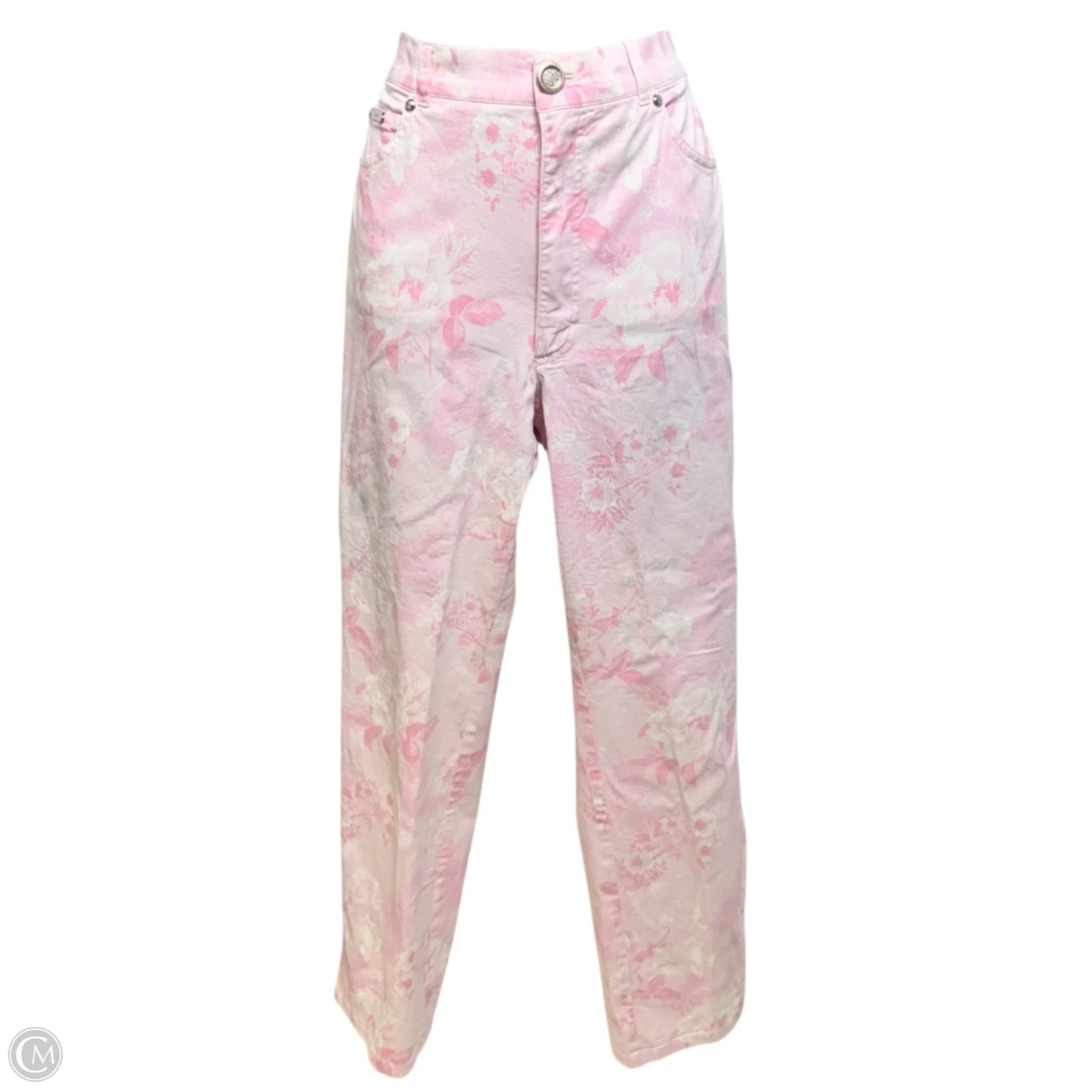 Straight Leg High Rise Pants In Pink Floral Print Designer By Escada In Pink, Size: 6