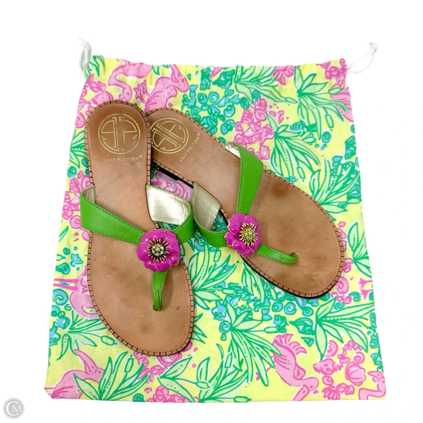 Vintage Rare Palm Beach Crystal Embellished Flower Thong Leather Sandals Designer By Lilly Pulitzer In Green & Pink, Size: 6.5