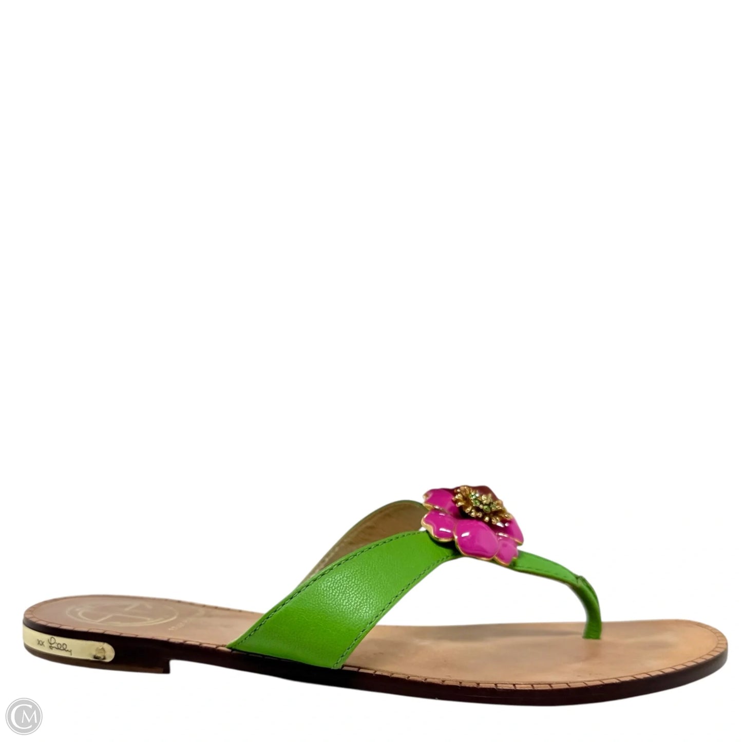 Vintage Rare Palm Beach Crystal Embellished Flower Thong Leather Sandals Designer By Lilly Pulitzer In Green & Pink, Size: 6.5