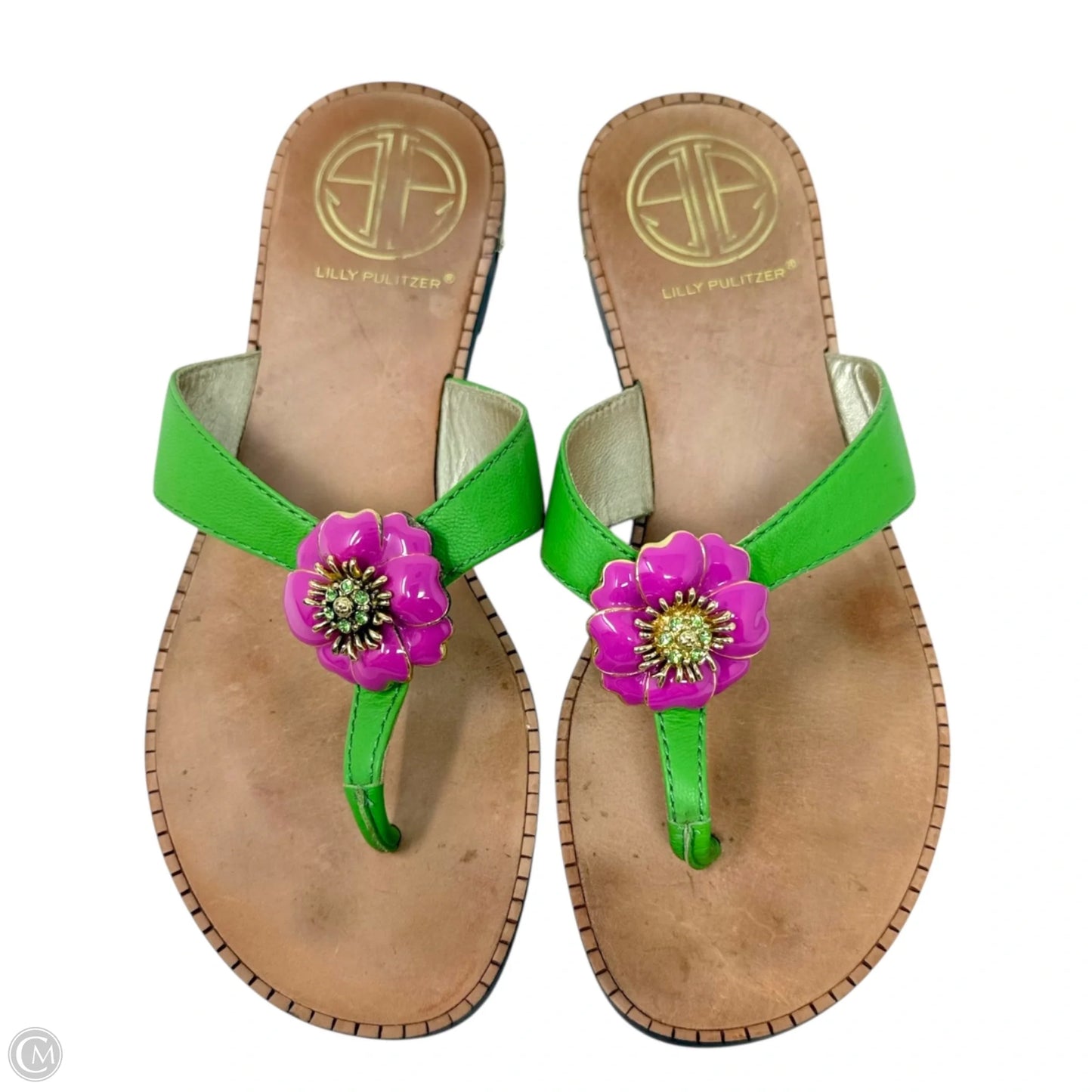 Vintage Rare Palm Beach Crystal Embellished Flower Thong Leather Sandals Designer By Lilly Pulitzer In Green & Pink, Size: 6.5