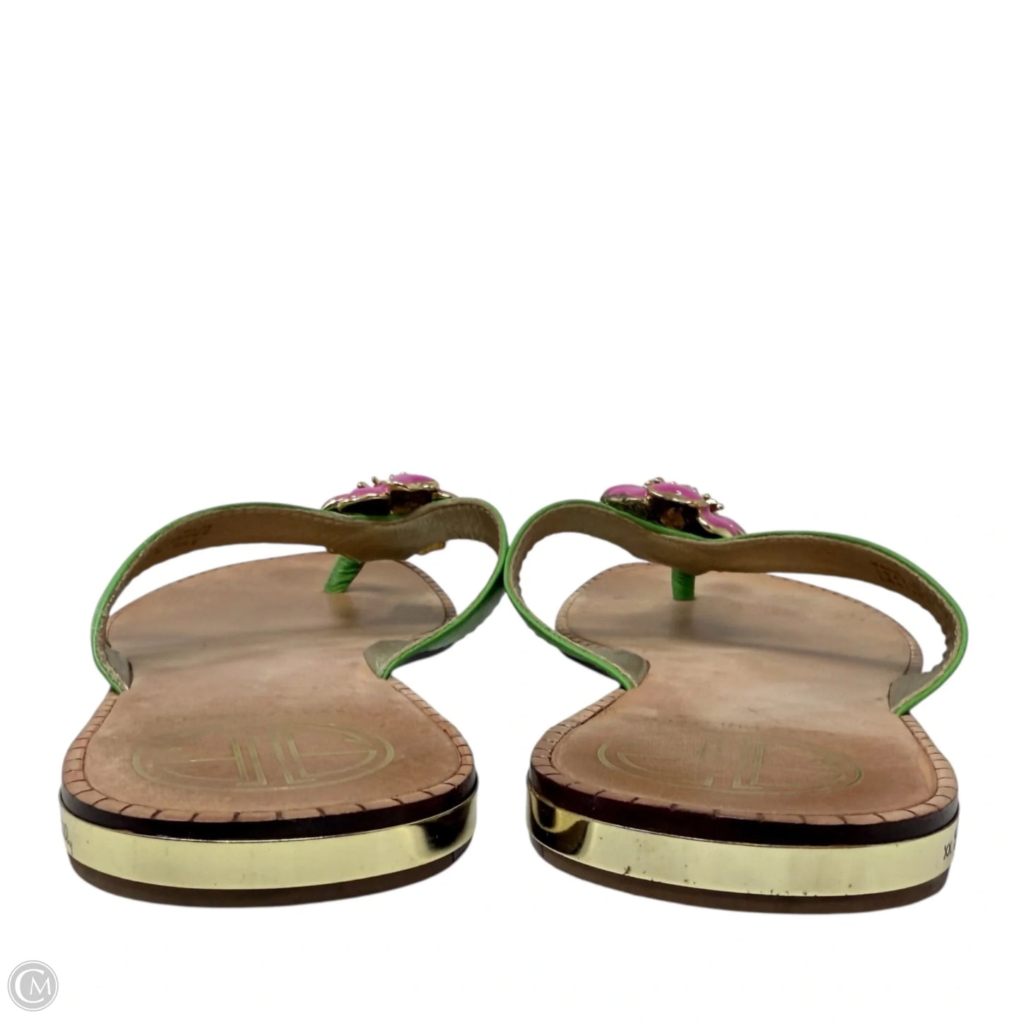 Vintage Rare Palm Beach Crystal Embellished Flower Thong Leather Sandals Designer By Lilly Pulitzer In Green & Pink, Size: 6.5