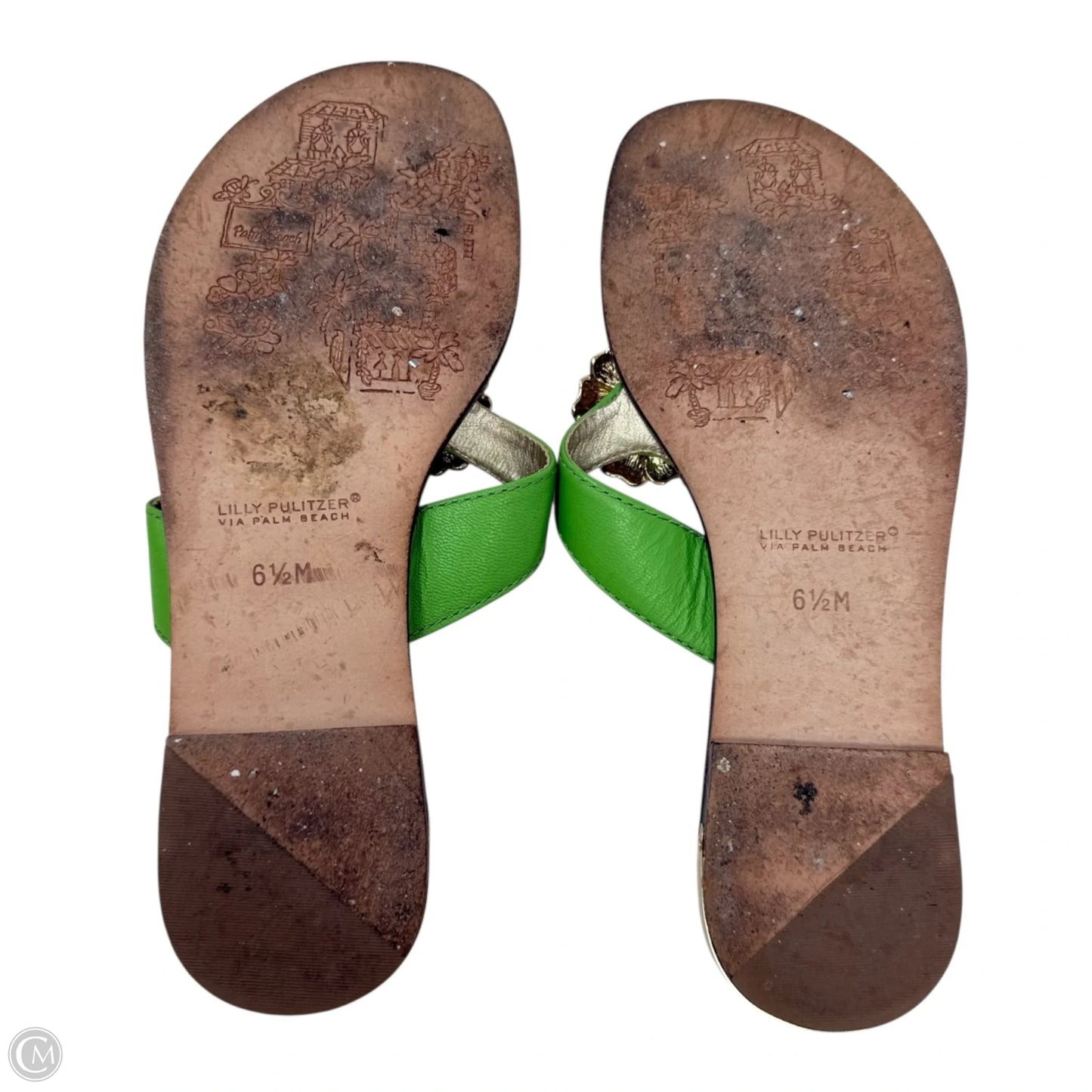Vintage Rare Palm Beach Crystal Embellished Flower Thong Leather Sandals Designer By Lilly Pulitzer In Green & Pink, Size: 6.5