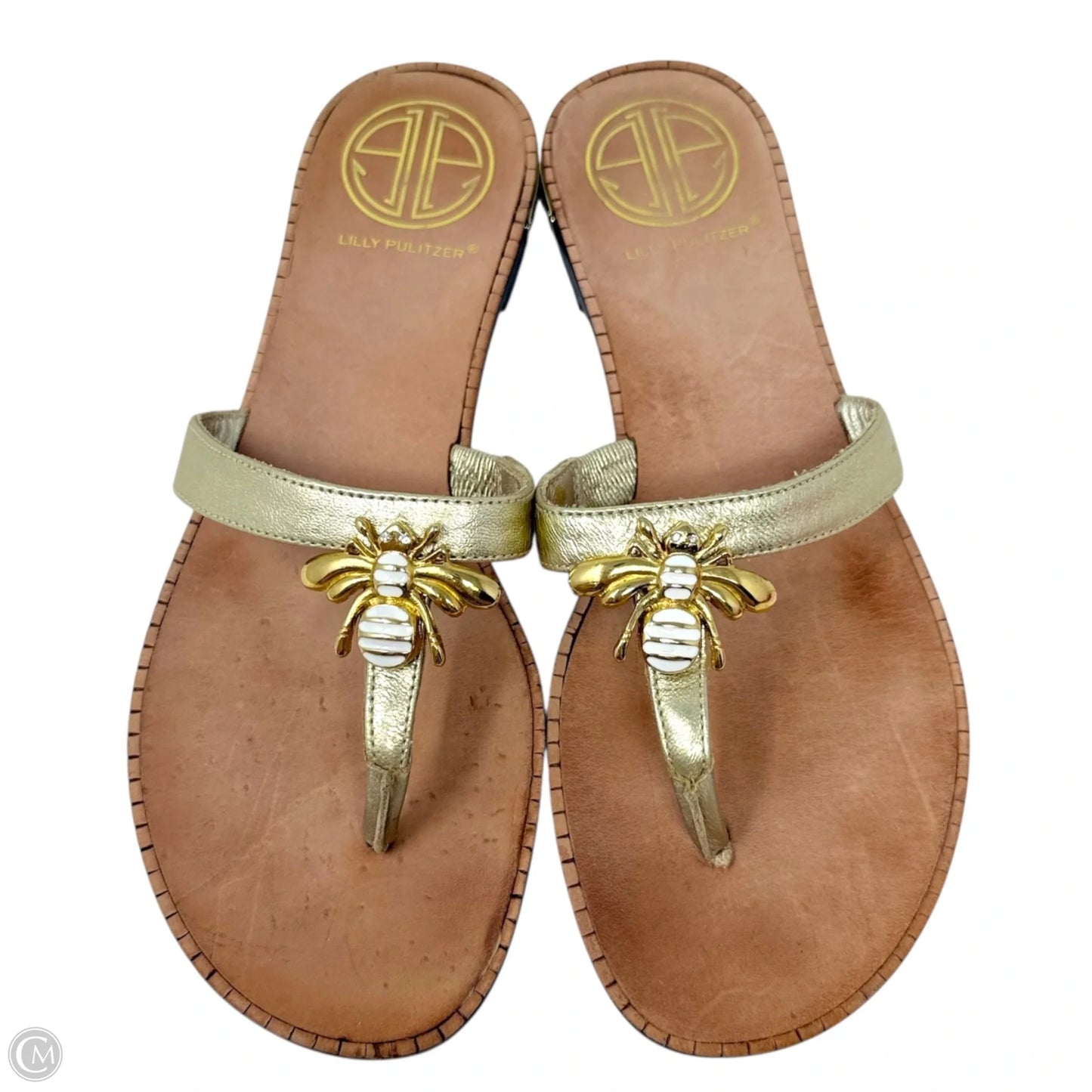 Vintage Rare Palm Beach Bee Leather Thong Sandals Designer By Lilly Pulitzer In Gold, Size: 6.5