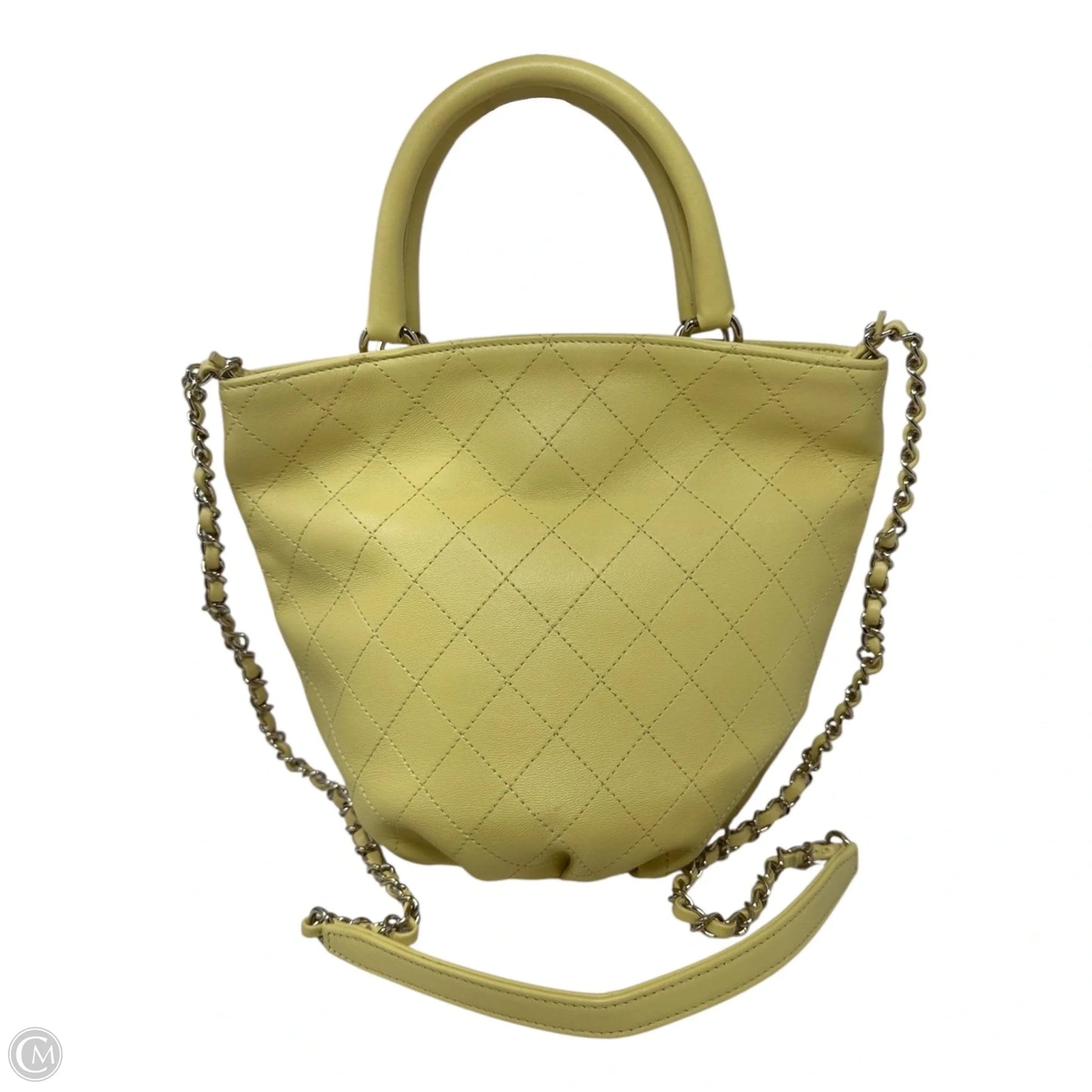 Limited Edition CC Lock Chain Handle Bucket Tote In Light Yellow Soft Quilted Lambskin Luxury Designer By Chanel, Size: Medium