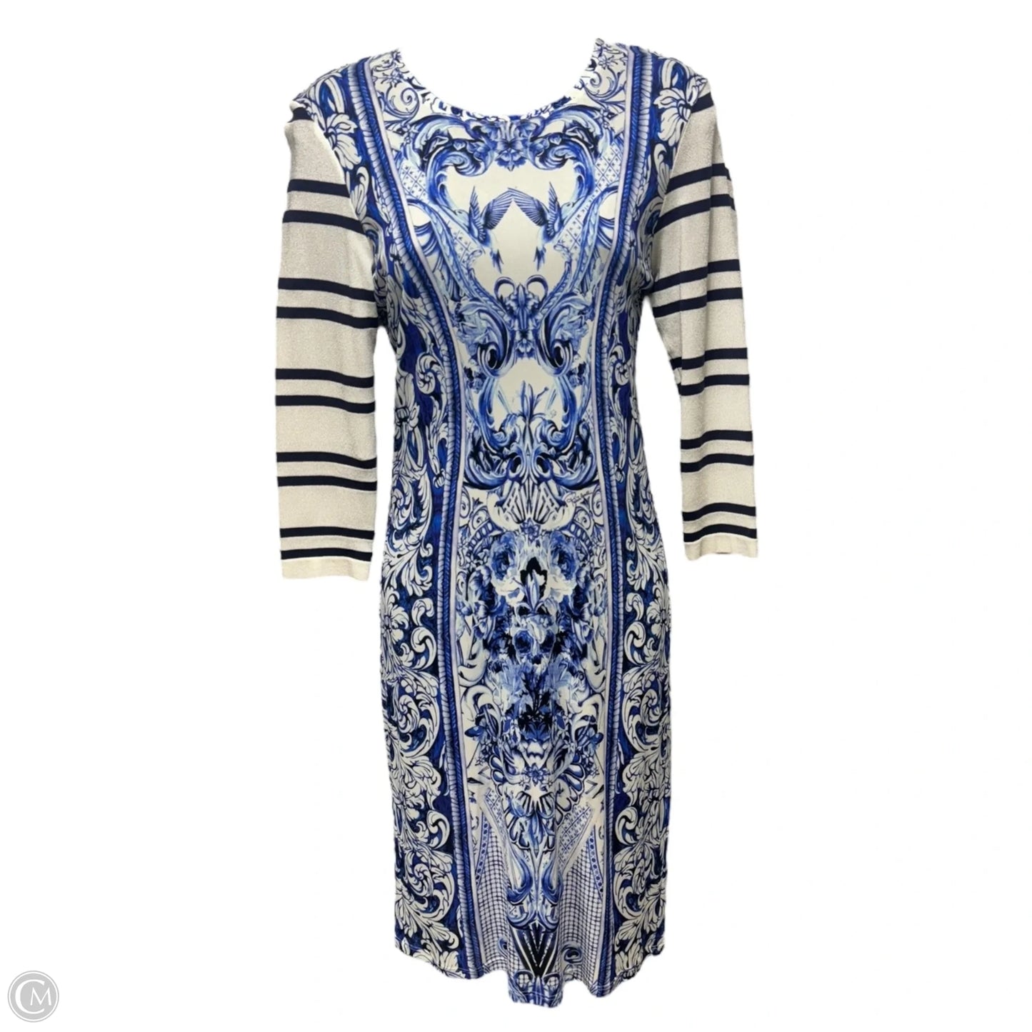 2013 Resort Collection Baroque Porcelain Printed Shift Dress Designer By Roberto Cavalli In Blue & White, Size: 6