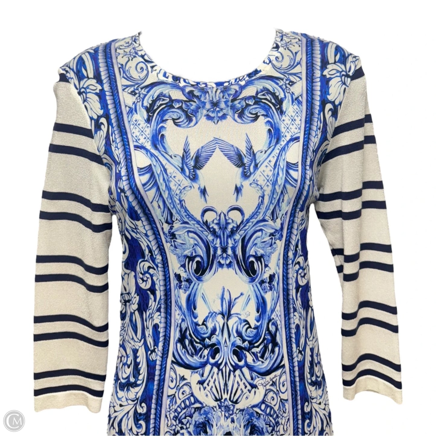 2013 Resort Collection Baroque Porcelain Printed Shift Dress Designer By Roberto Cavalli In Blue & White, Size: 6