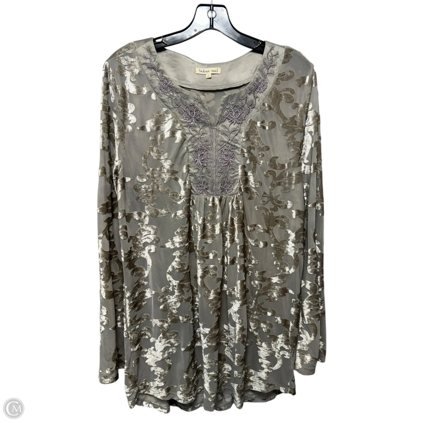 Velvet Burnout Top Long Sleeve By Indigo Soul In Grey, Size: L