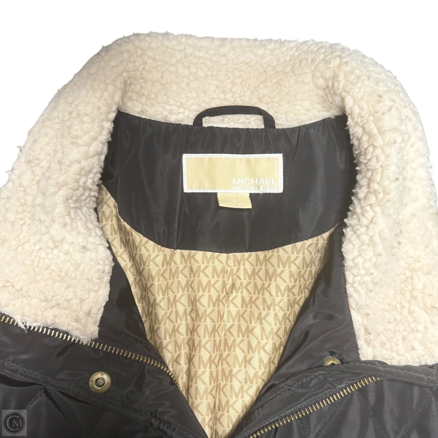 Sherpa Trim Diamond Quilted Jacket By Michael By Michael Kors In Black & Cream, Size: Xl