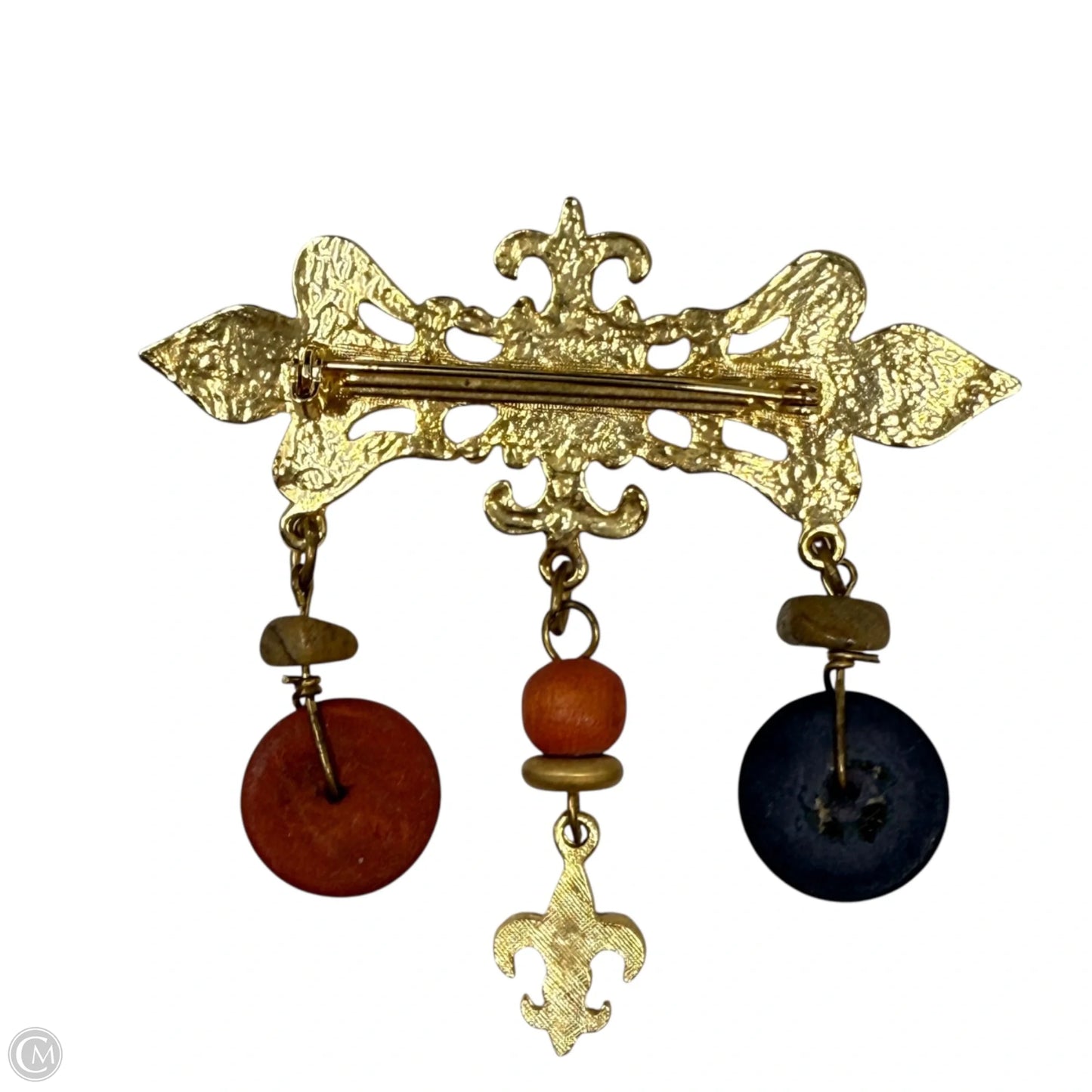 Victorian Revival Fleur-de-lis Gold Tone Wood Drop Brooch Pin