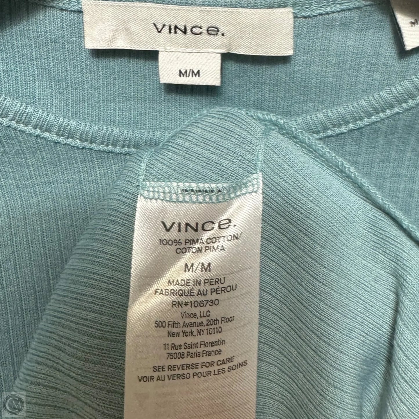 Pima Cotton Ribbed Top Long Sleeve By Vince In Aqua, Size: M