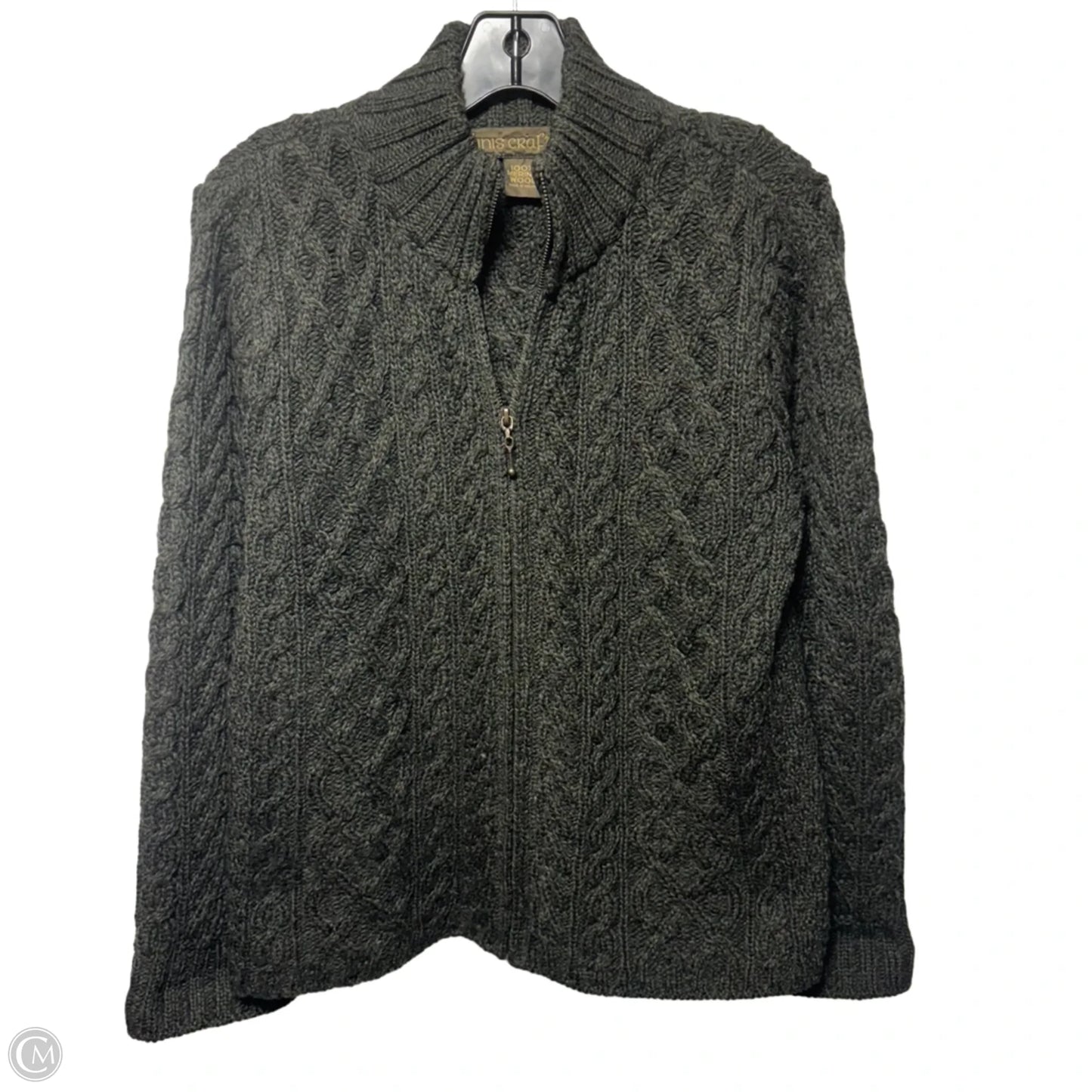 100% Merino Wool Cable Knit Zip Front Cardigan Sweater By Inis Crafts Ireland In Green, Size: S