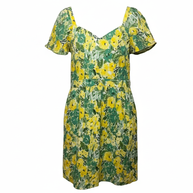 Floral Eyelet Fit & Flare Flutter Sleeve Dress By Kensie In Green & Yellow, Size: 2