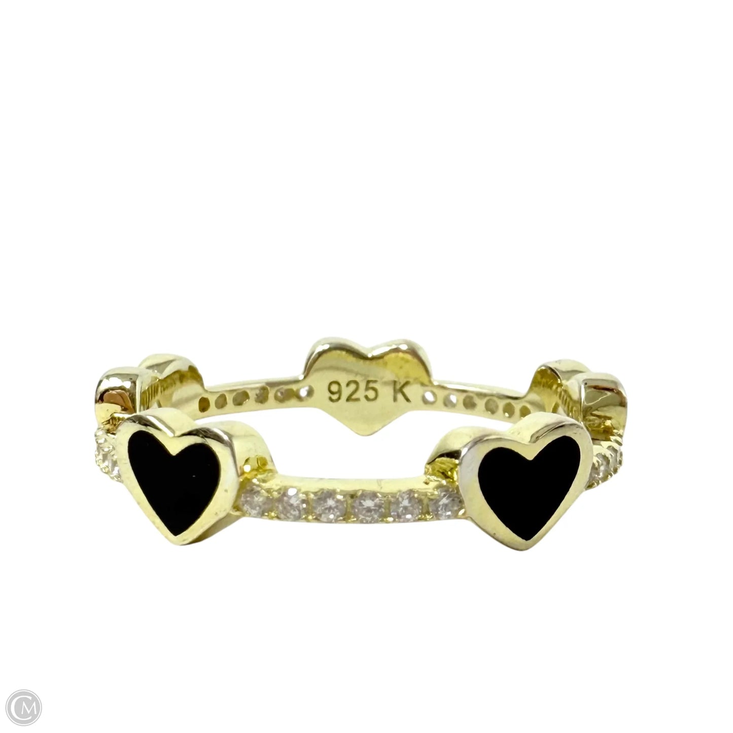 Black Heart Crystal & Gold Over Sterling Silver Band Ring By Unbranded, Size: 7
