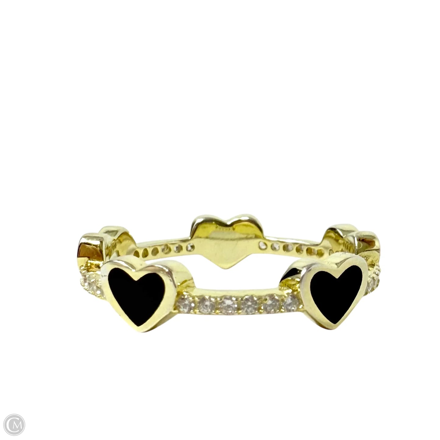 Black Heart Crystal & Gold Over Sterling Silver Band Ring By Unbranded, Size: 7