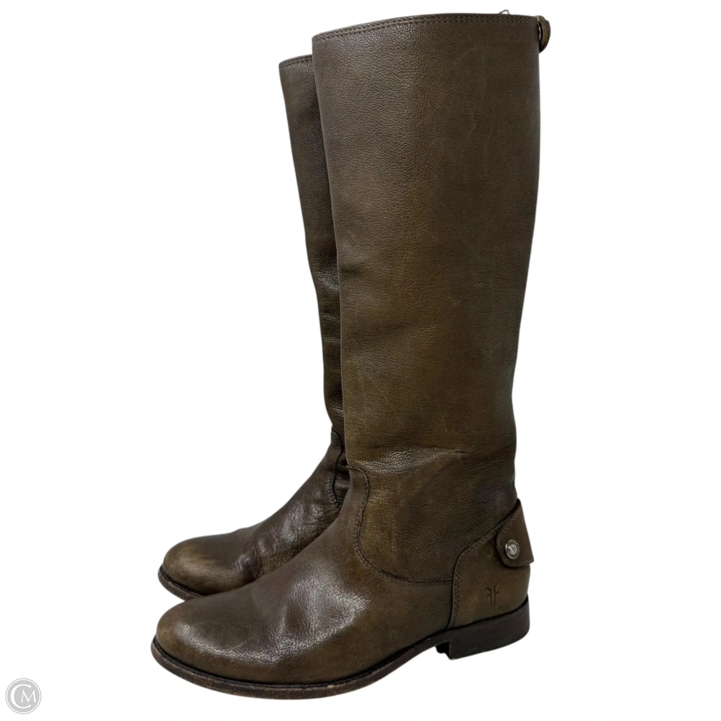 Melissa Button Back Zip Boots Designer By Frye In Grey Antique/Brown, Size: 7.5