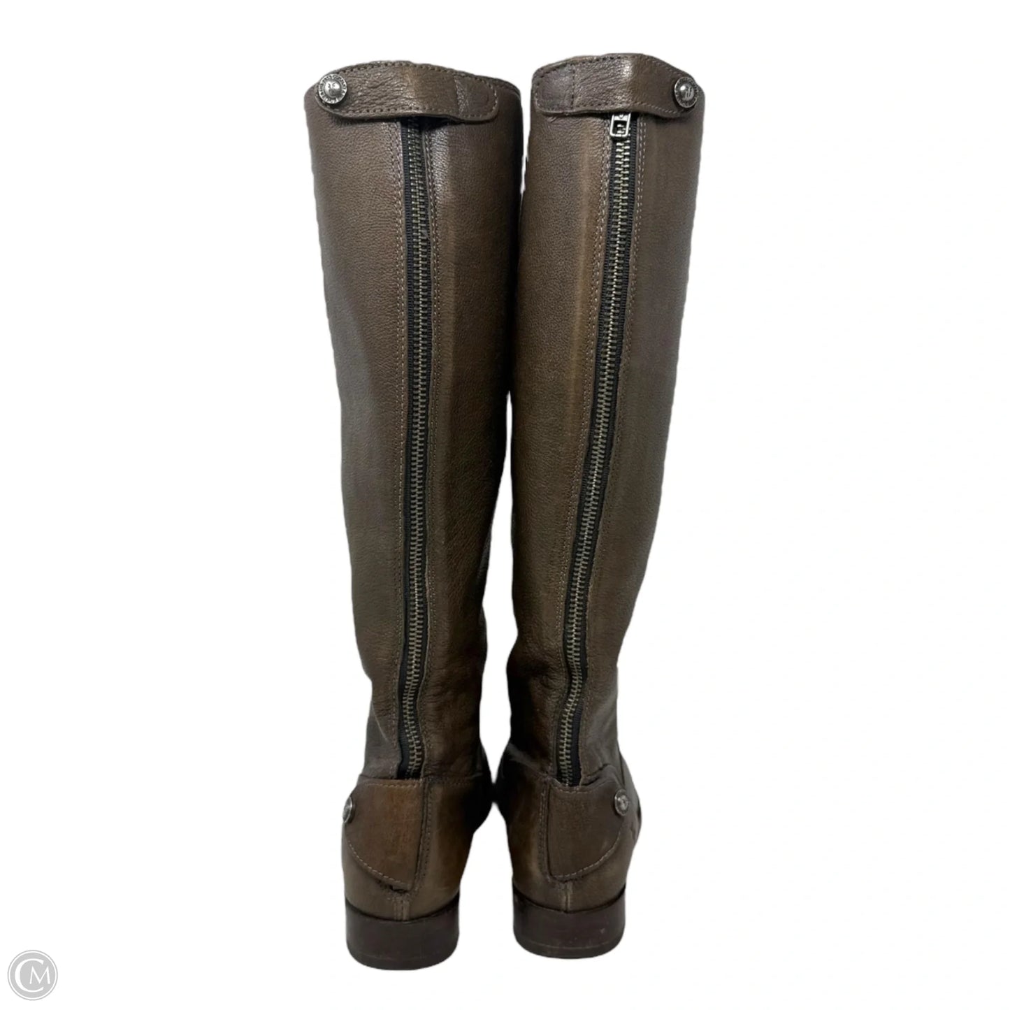 Melissa Button Back Zip Boots Designer By Frye In Grey Antique/Brown, Size: 7.5