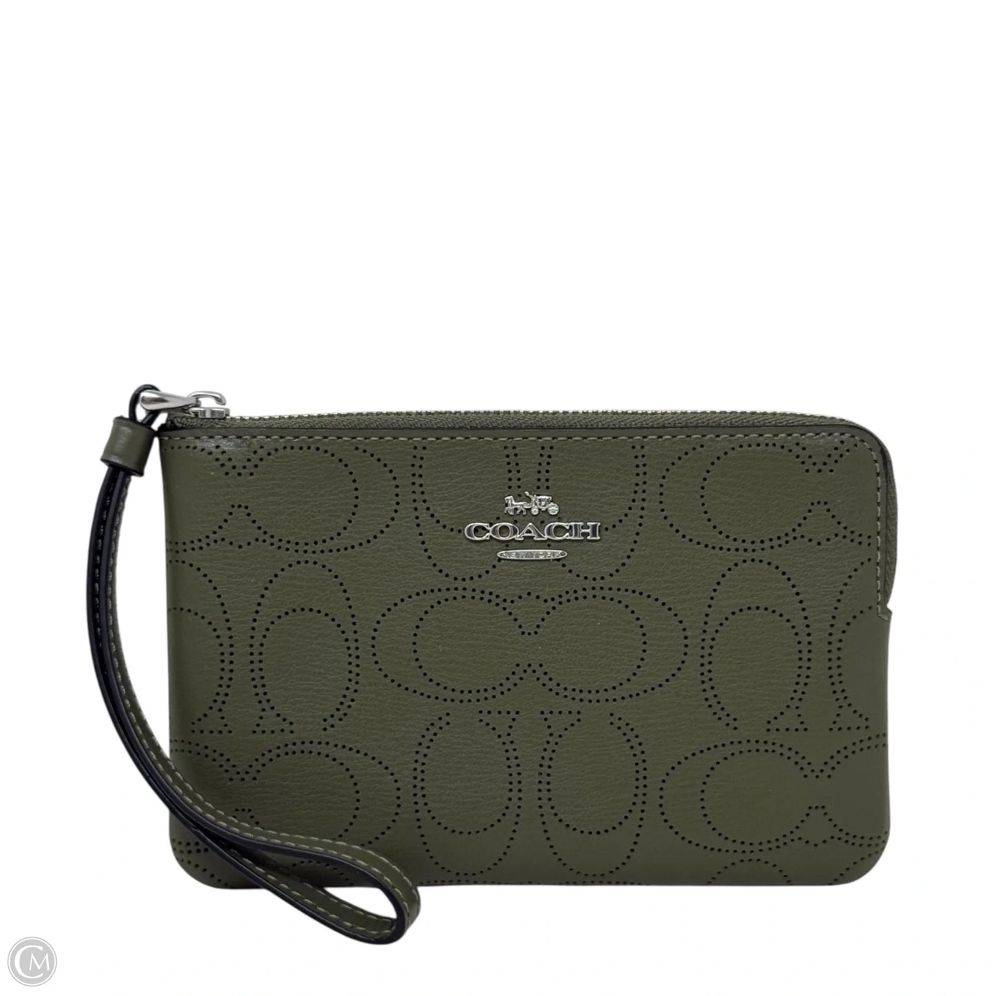 Perforated Leather Signature Corner Zip Wristlet Designer By Coach, Size: Medium