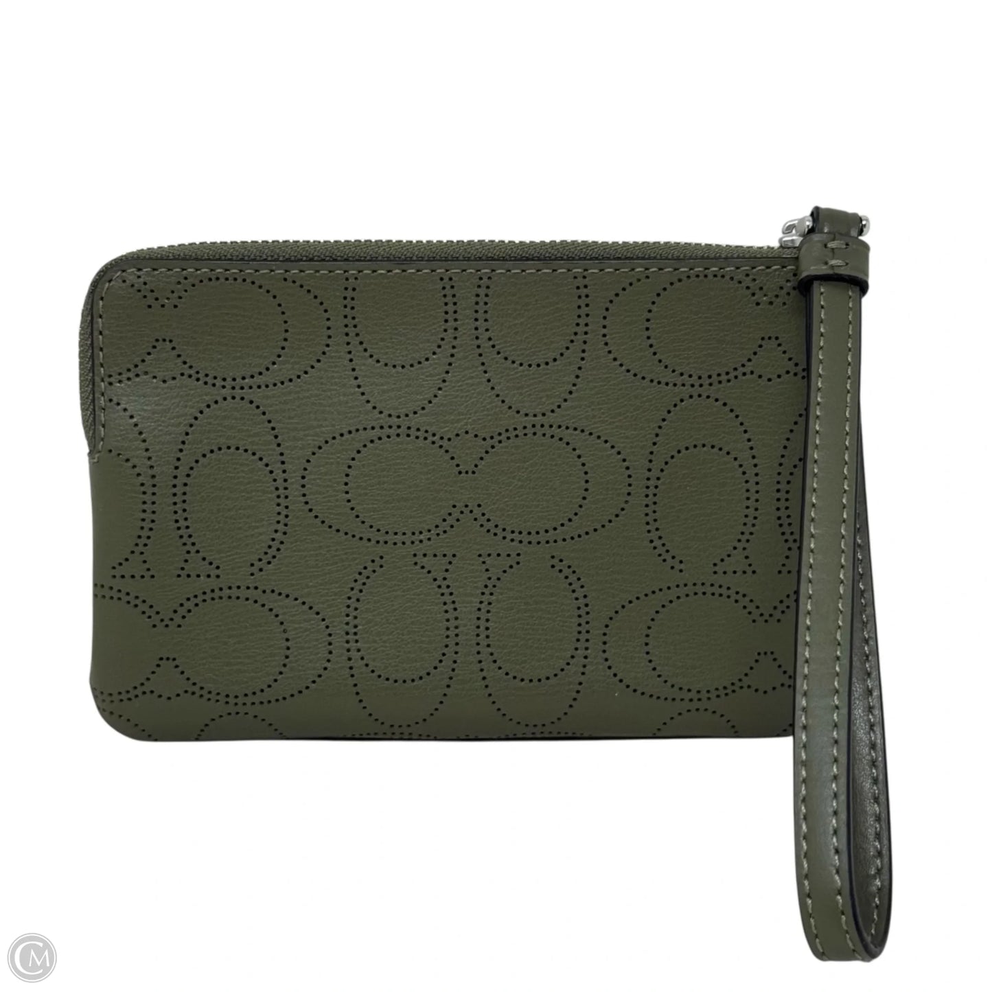 Perforated Leather Signature Corner Zip Wristlet Designer By Coach, Size: Medium