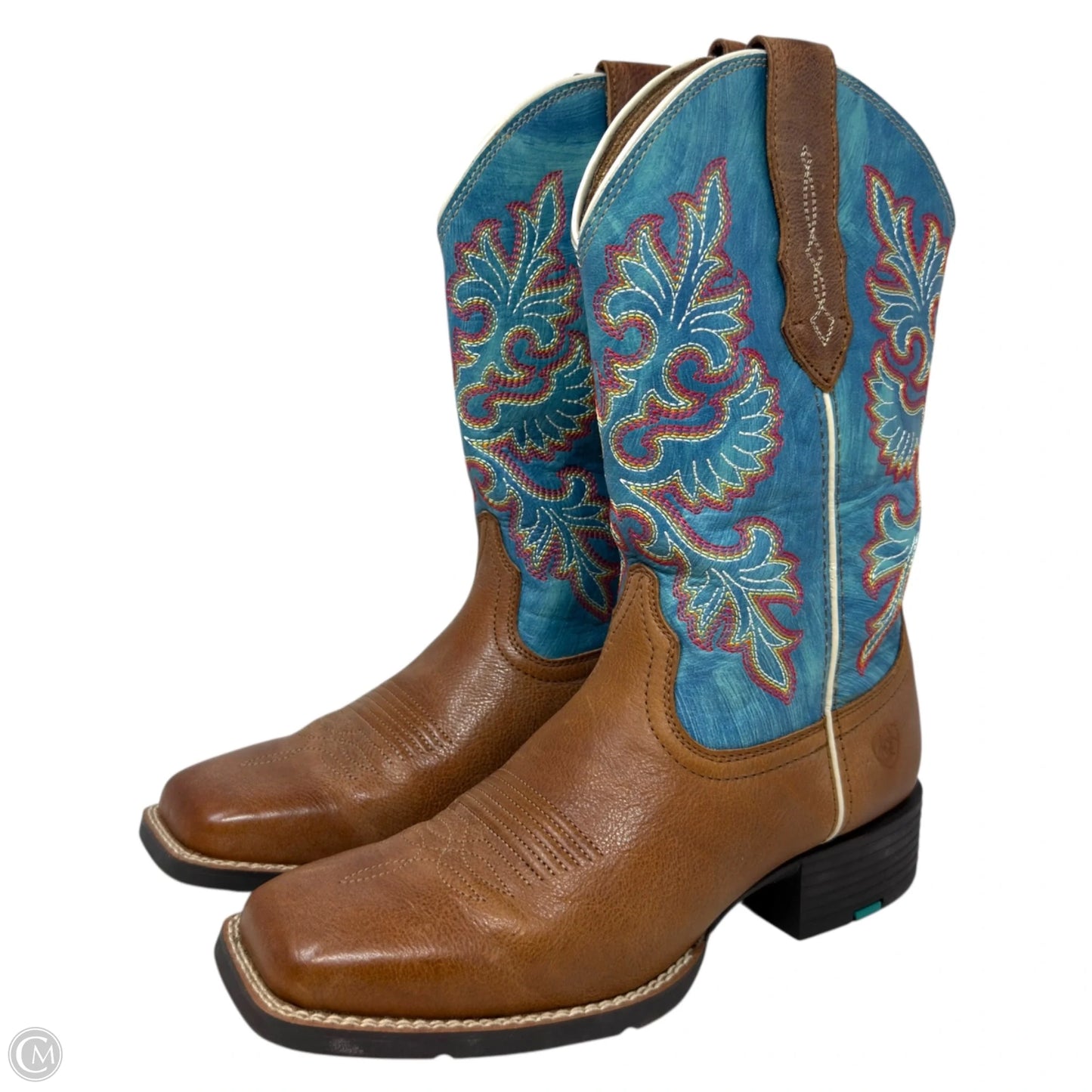 Round Up StretchFit Wide Square Toe Western Boots By Ariat In Blue & Tan, Size: 8