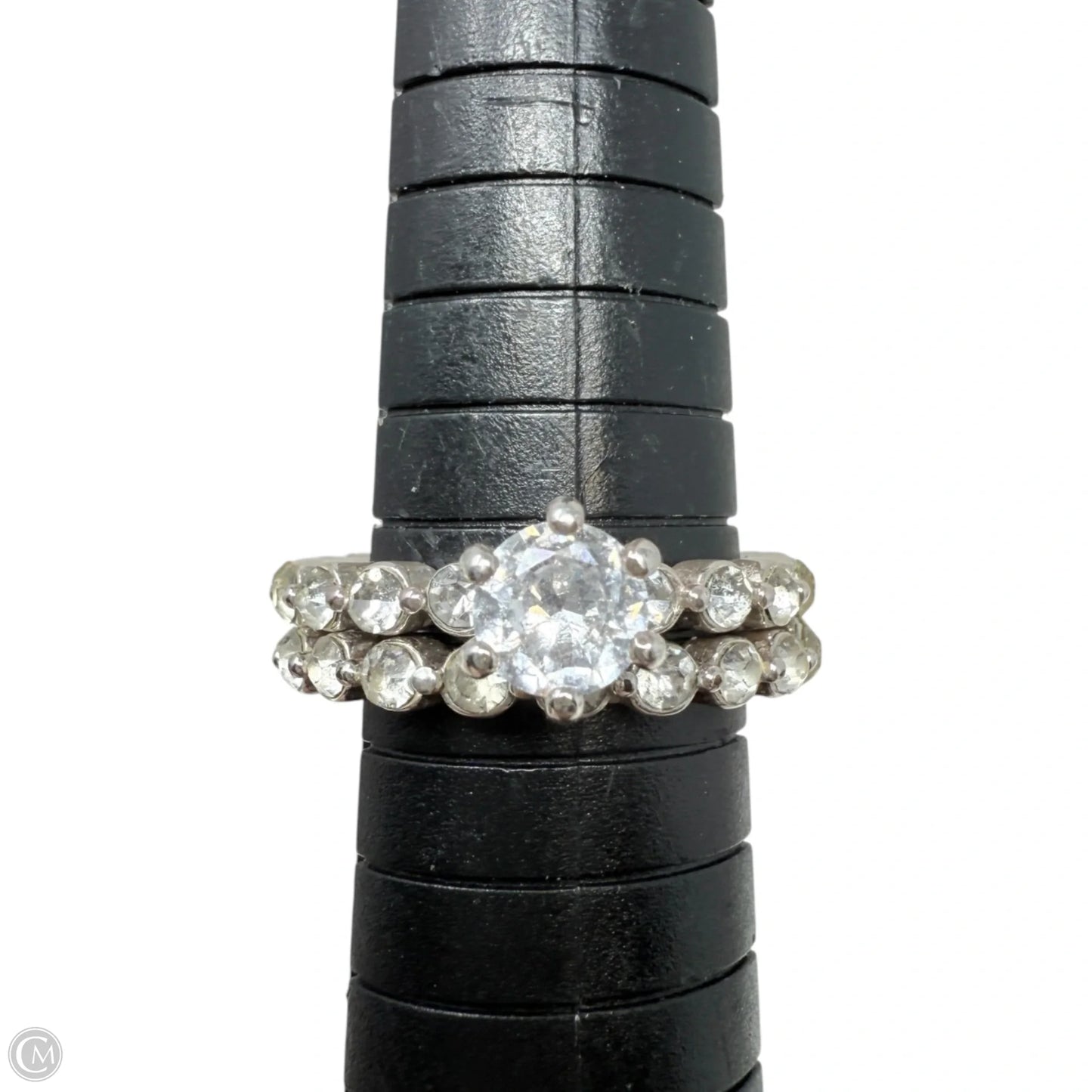 Silver Tone Clear Stone Wedding Band Set