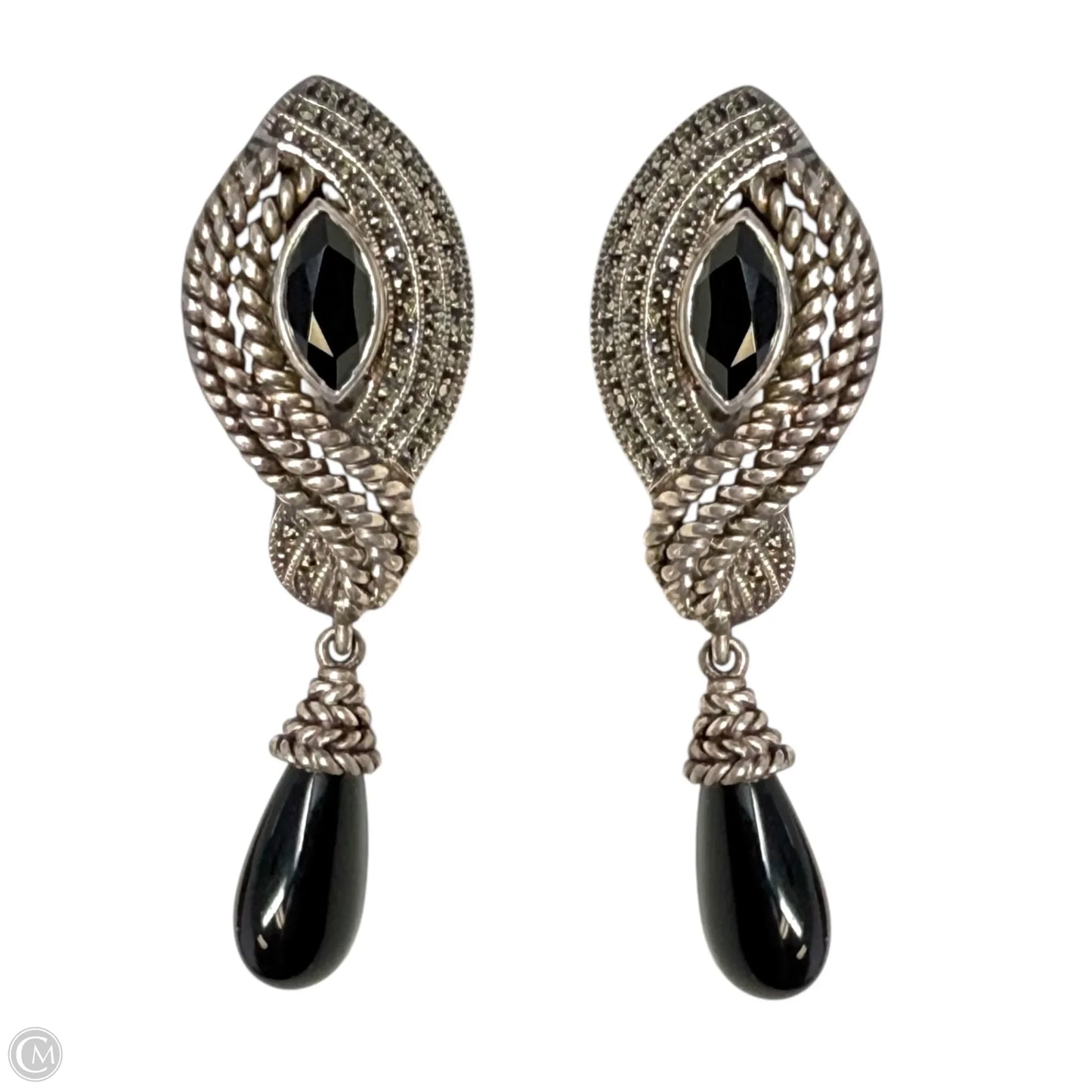 Black Onyx, Marcasite & Sterling Silver Drop Earrings By Judith Jack