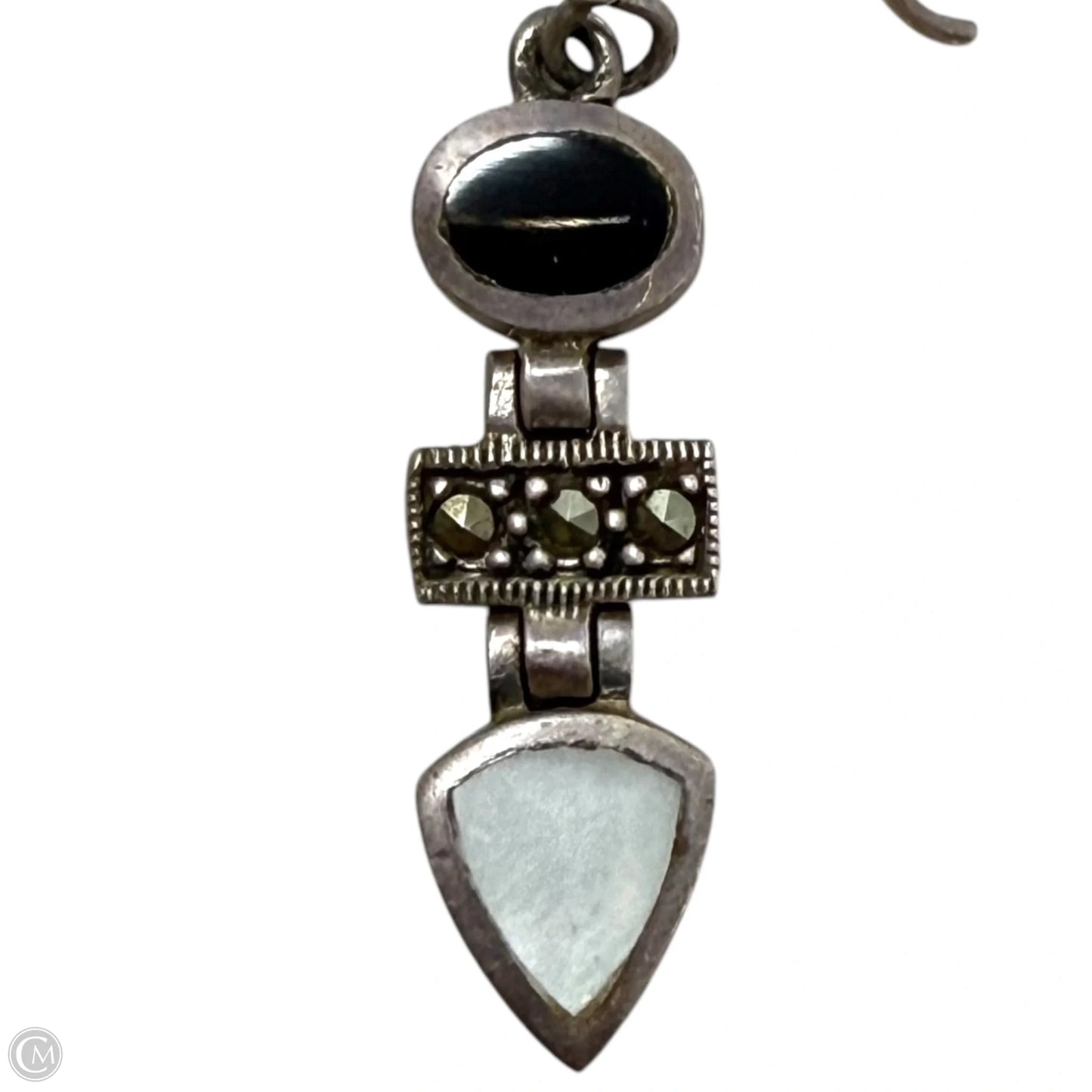 Sterling Silver 925 Marcasite Onyx & Mother Of Pearl Earrings By Unbranded