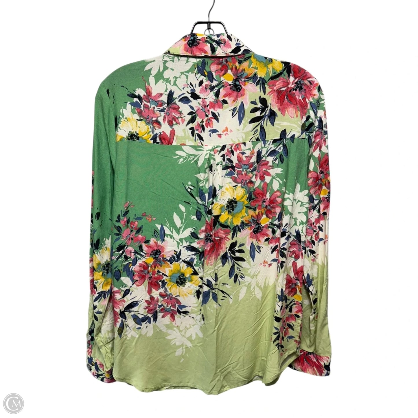 Woven Cherry Floral Point Collar Long Roll-Tab Sleeve Button-Front Blouse By Figueroa & Flower In Floral Print, Size: S